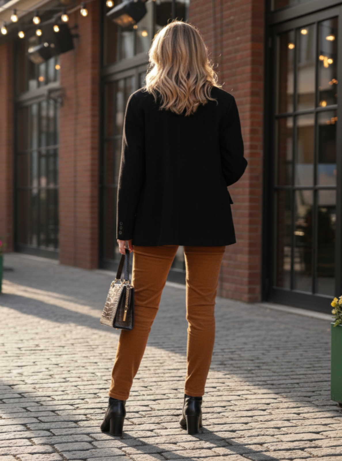 Woman in black jacket and brown pants walking on a street with brick buildings and plants.