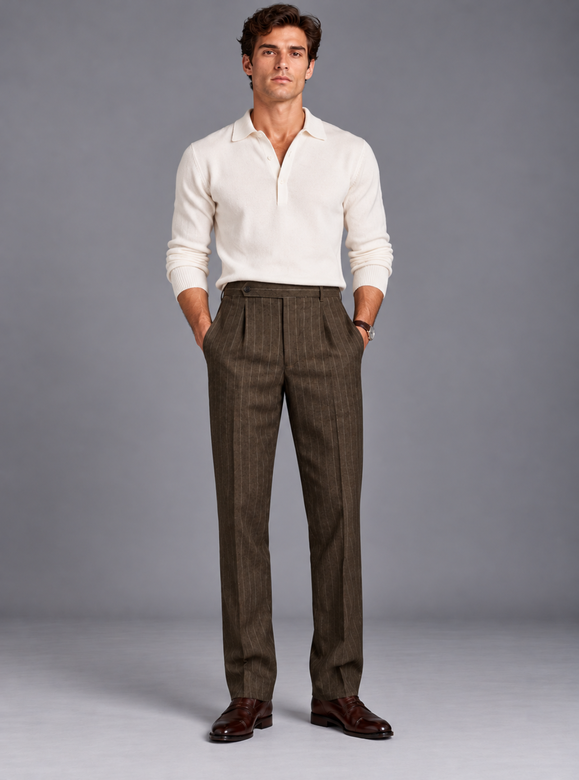 A man modeling a white long-sleeve knit polo shirt tucked into brown pinstripe trousers, paired with dark brown leather dress shoes, against a solid gray studio background.