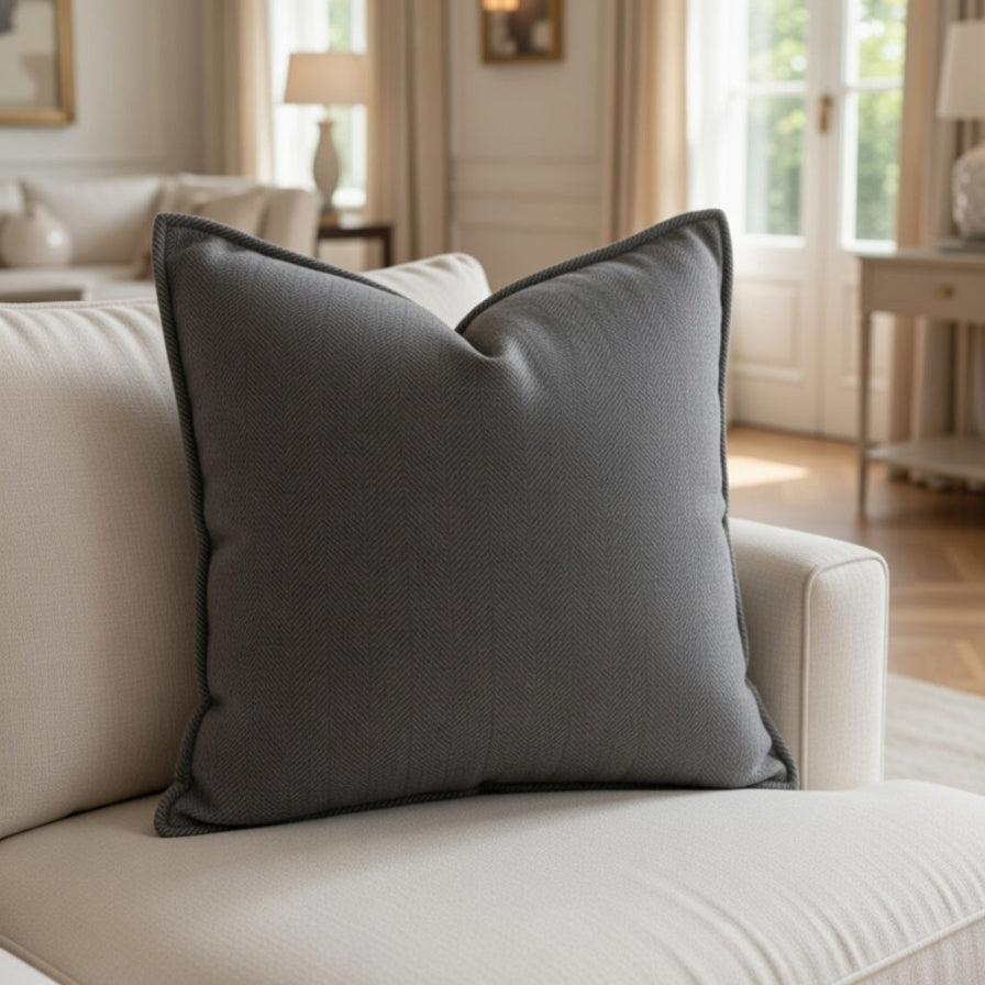 Gray pillow on a beige sofa in a living room setting
