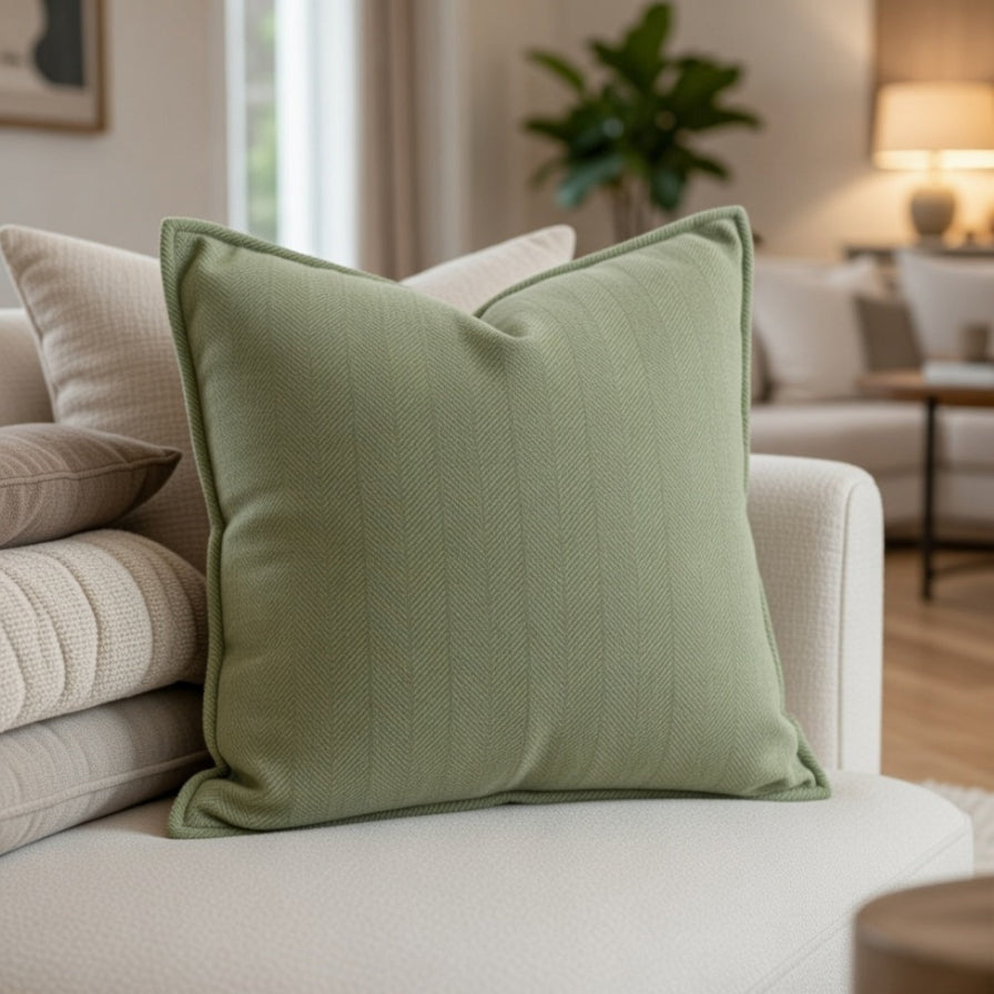 Green pillow on a beige sofa in a living room setting