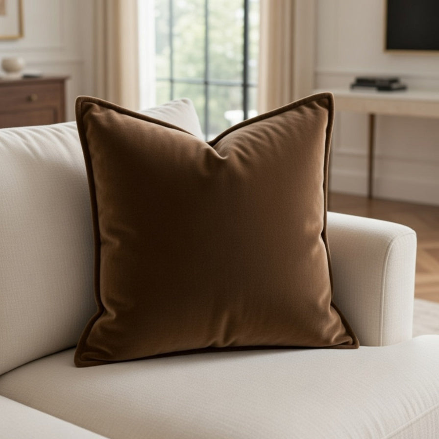Brown pillow on a beige sofa in a living room setting