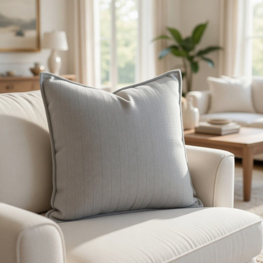 Gray pillow on a beige sofa in a living room setting