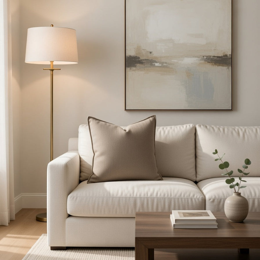 Beige sofa in a living room with a lamp, coffee table, and artwork on the wall.