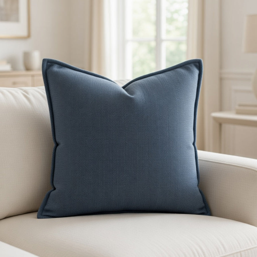 Blue pillow on a beige sofa in a living room setting