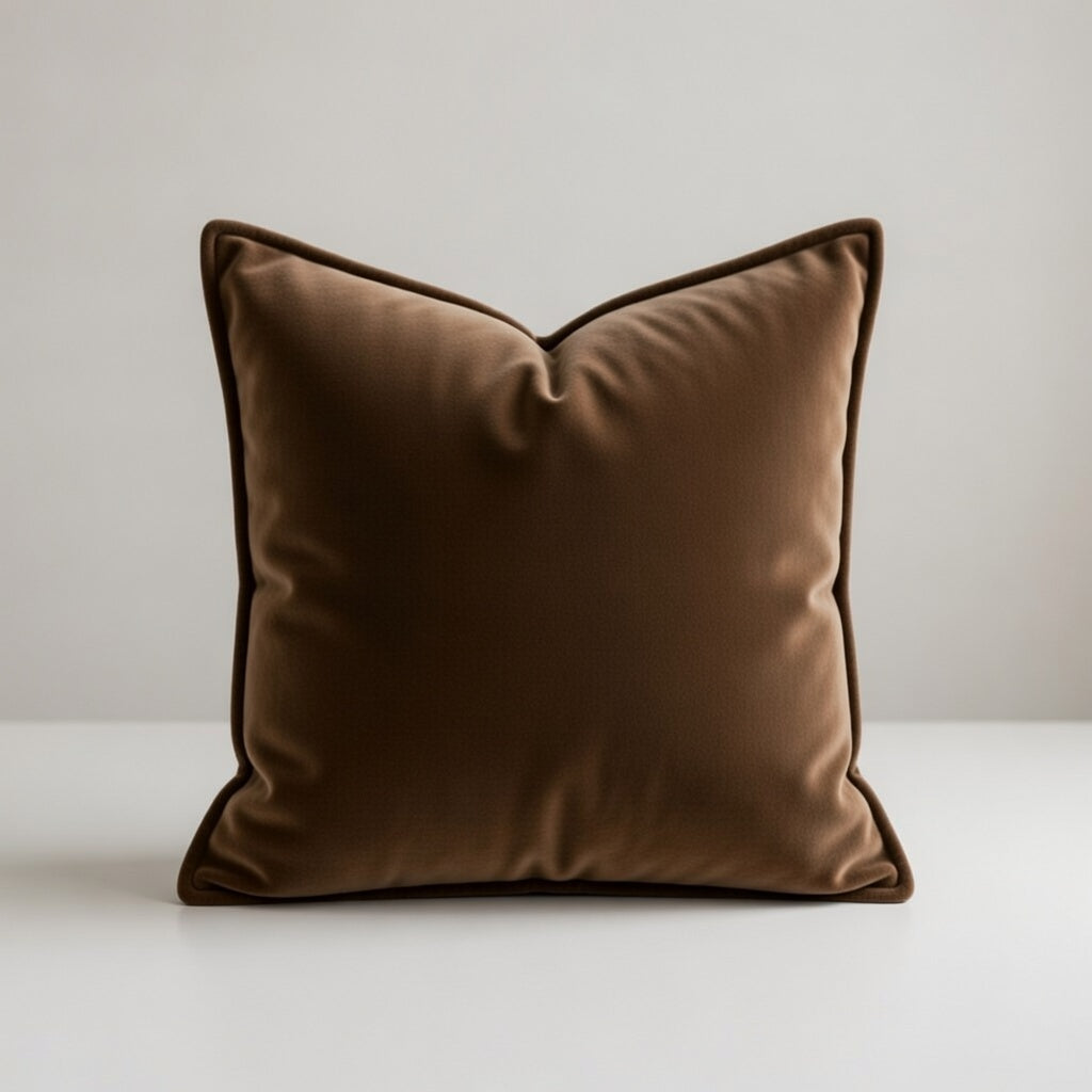Brown velvet pillow on a white surface with a light gray background