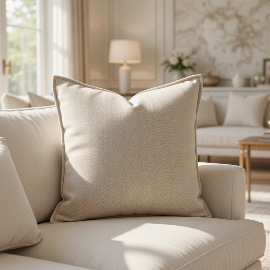 Beige pillow on a sofa in a living room setting with neutral decor.