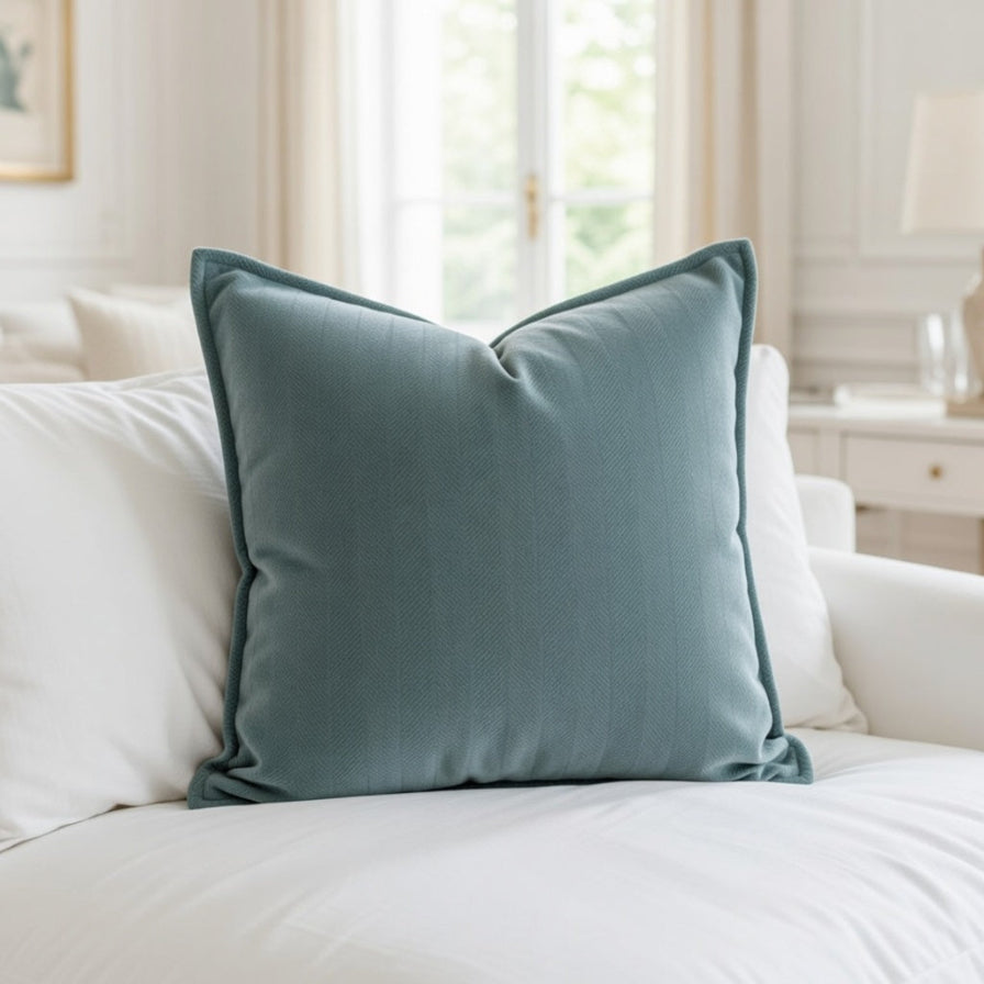 Blue pillow on a white sofa with a neutral background