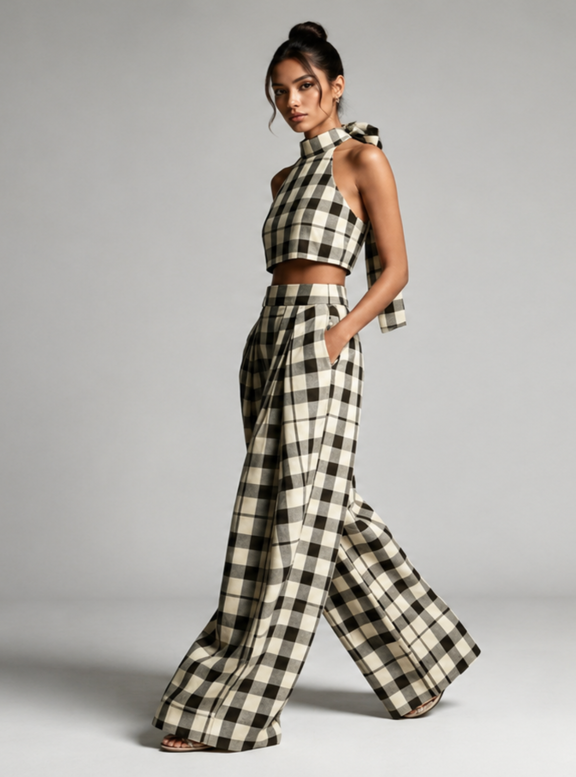 A model walks in profile wearing a matching black and white checkered halter crop top and wide-leg trousers set against a plain light gray studio background.