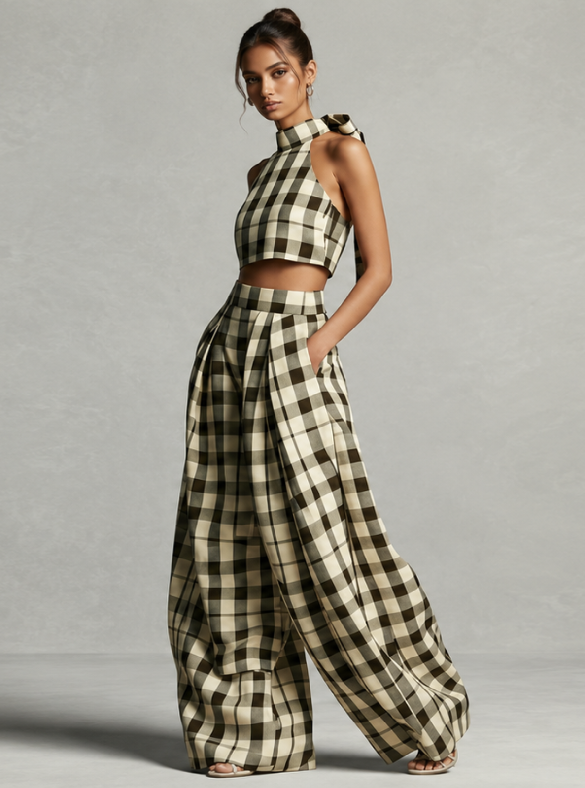 A model stands in a studio wearing a matching two-piece outfit with a beige and black buffalo plaid pattern. The set includes a sleeveless halter-style crop top and high-waisted wide-leg pants.