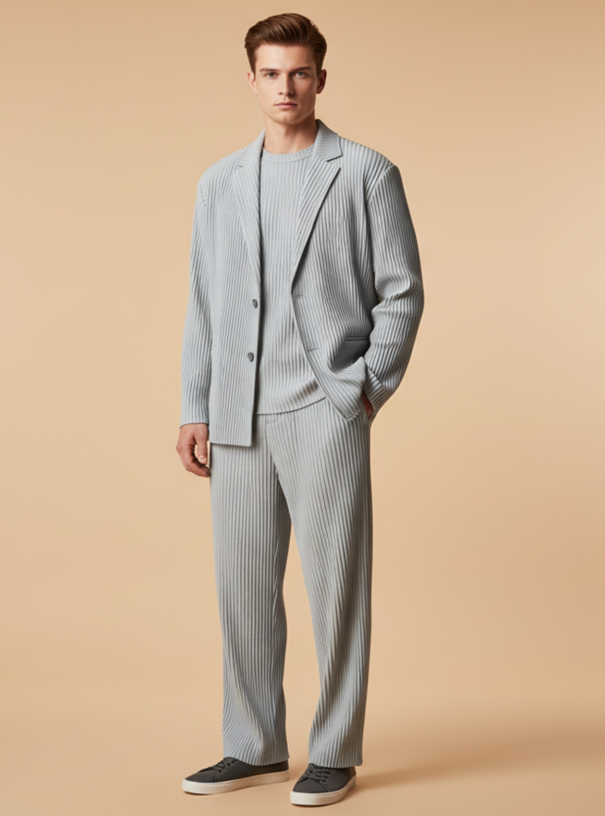 Man wearing a light gray suit on a beige background