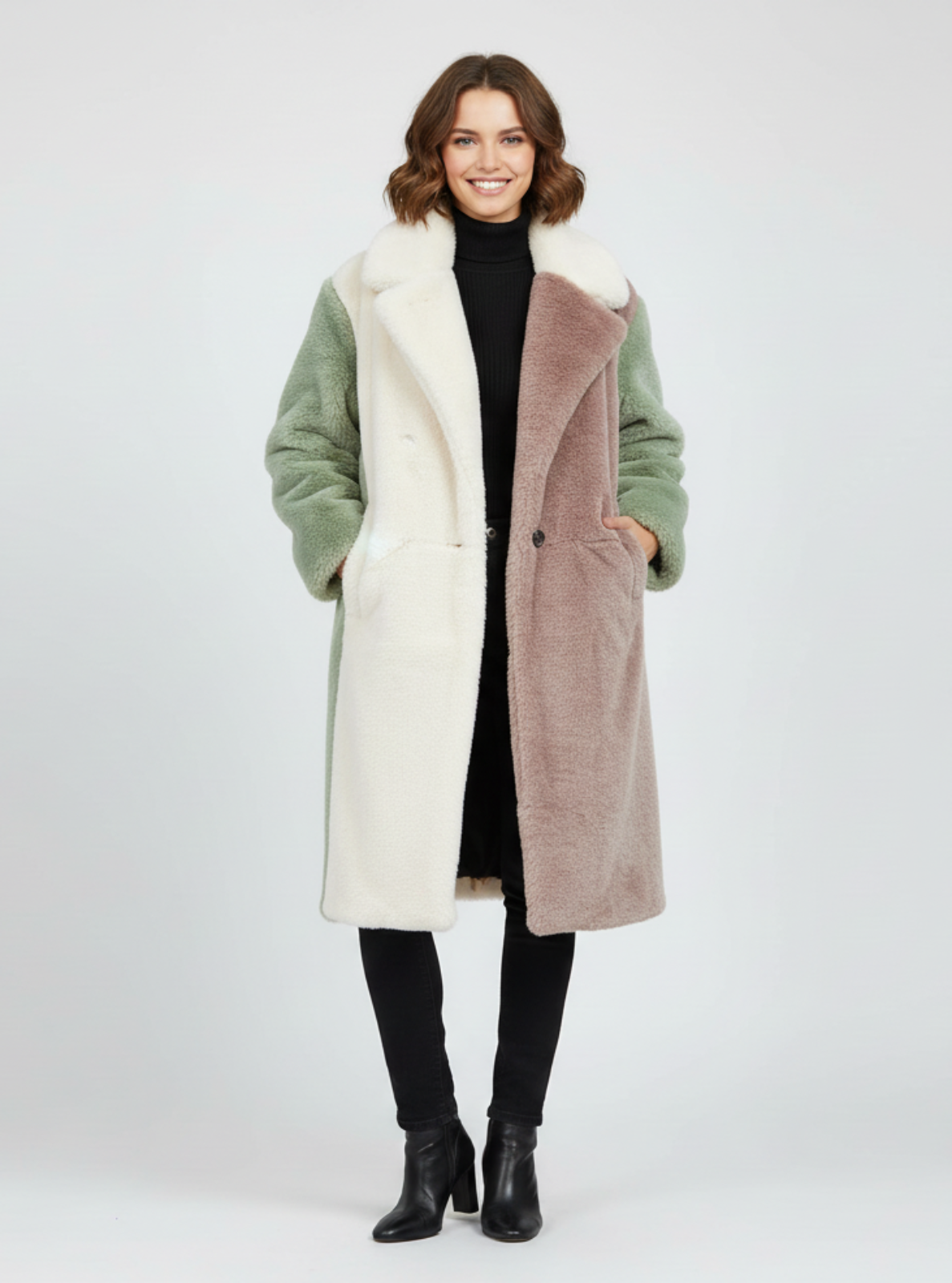 Woman wearing a long, multicolored coat with a white background