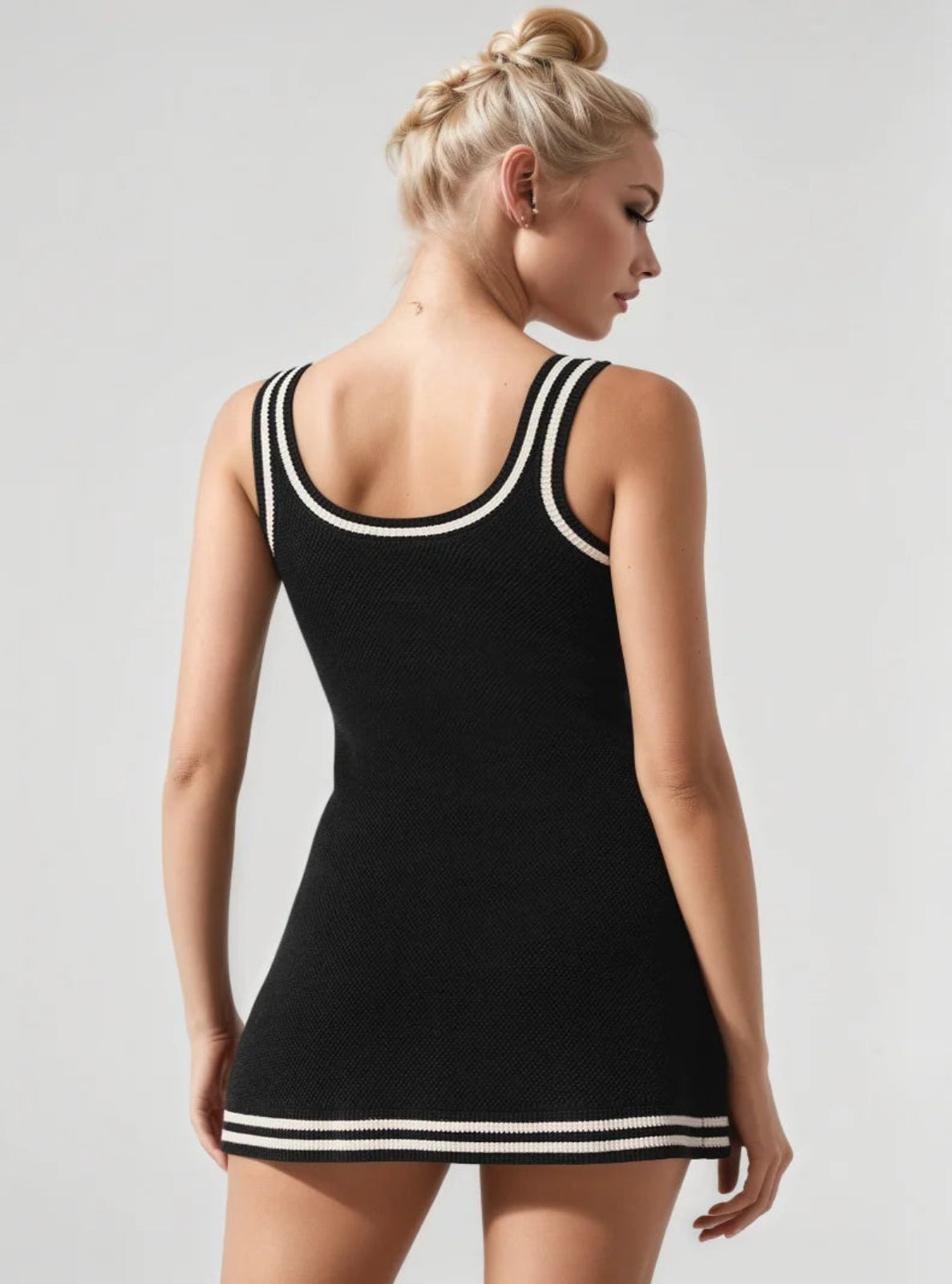 Black dress with white trim worn by a model on a plain background