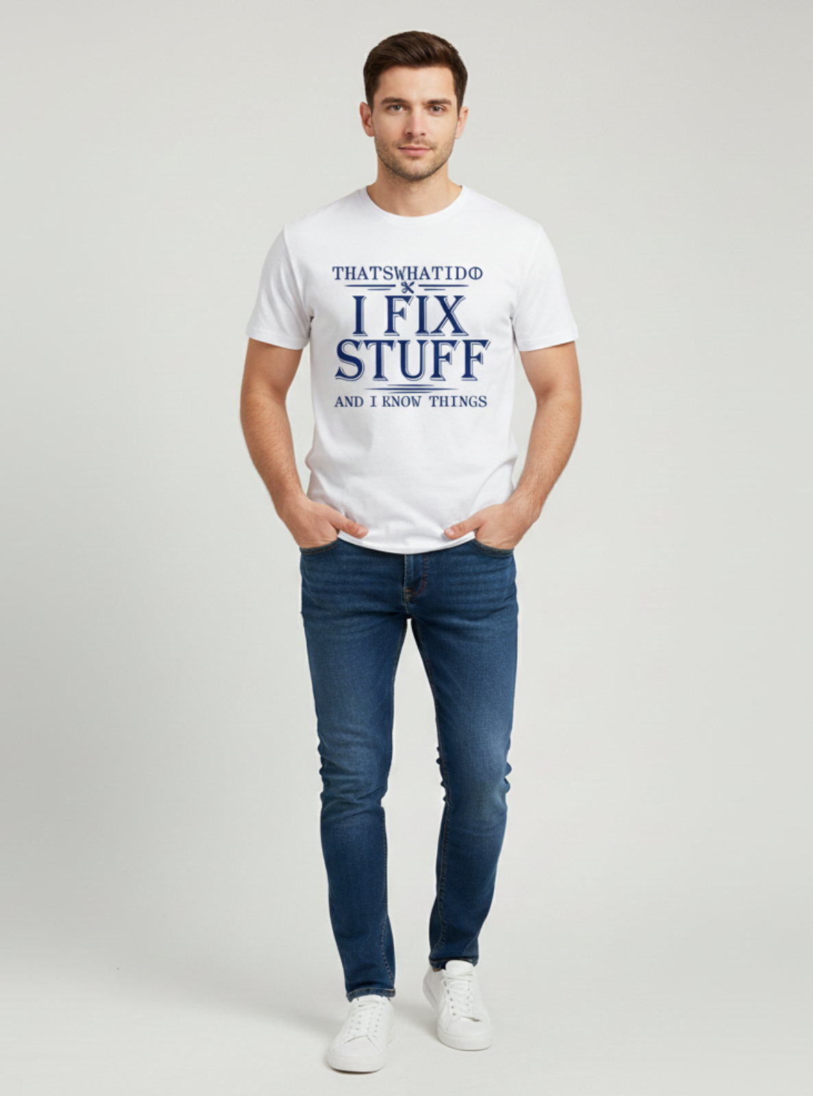 Man wearing a white t-shirt with text on a plain background