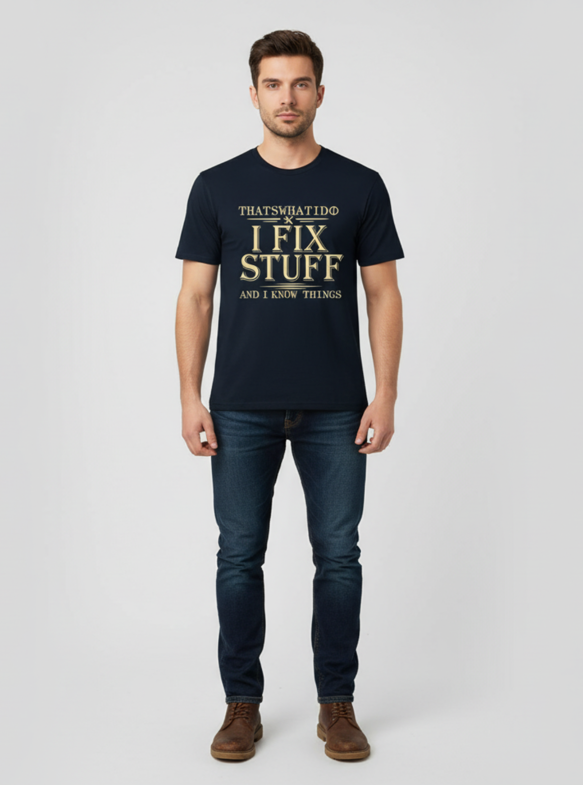 Man wearing a black t-shirt with text on a white background