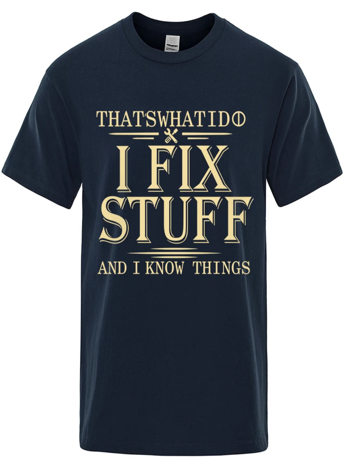 Navy blue t-shirt with gold text on a white background
