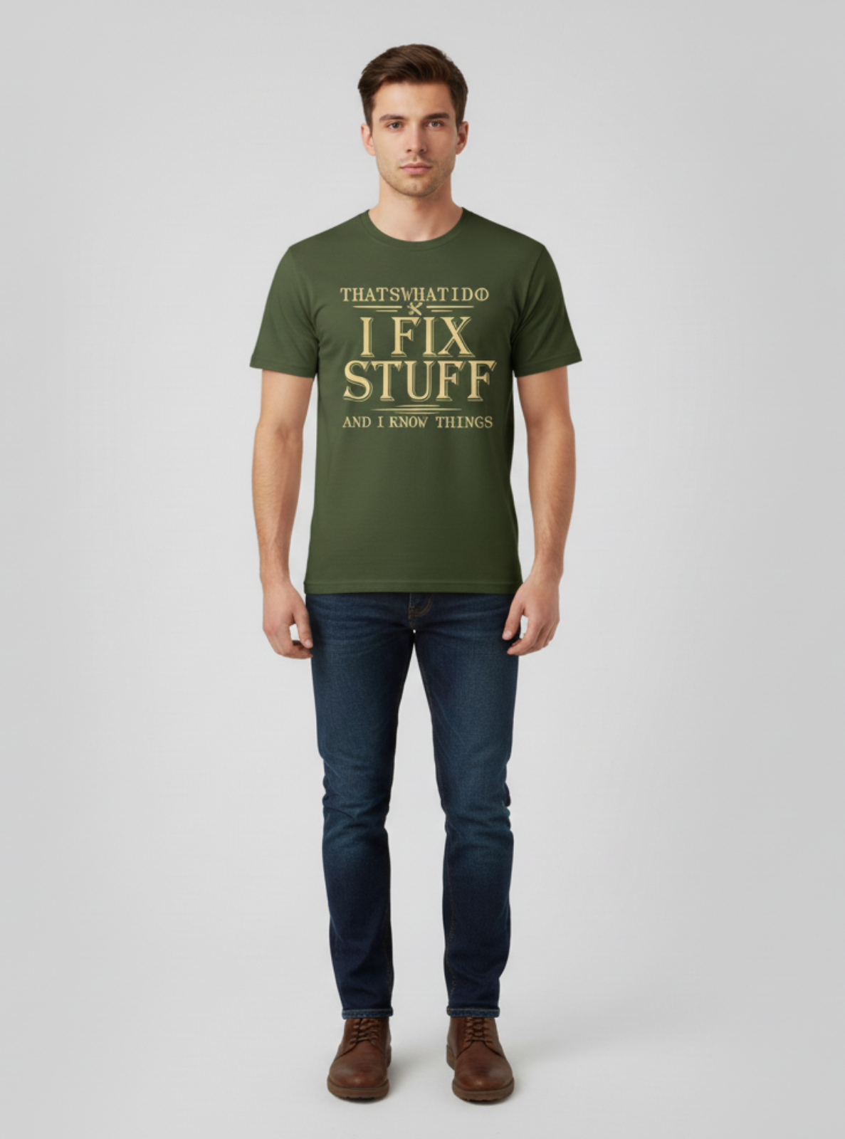 Man wearing a green t-shirt with text on a gray background