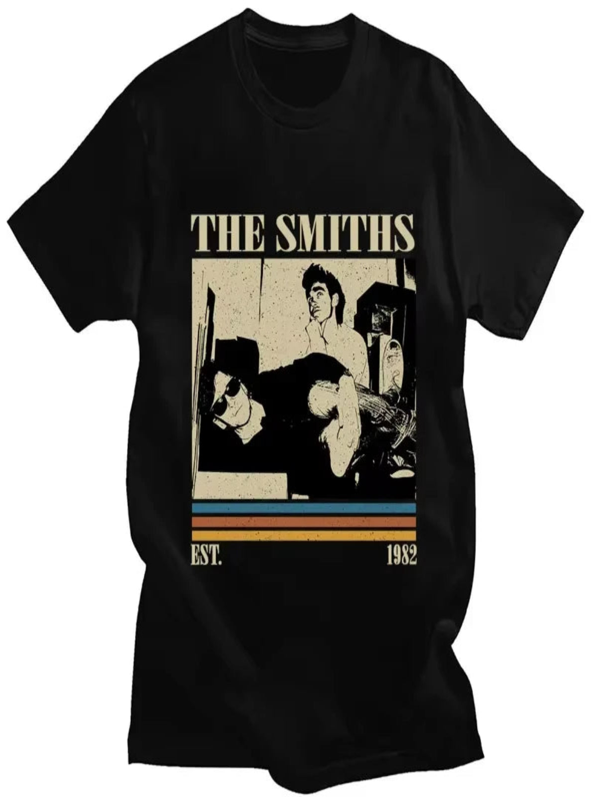 Black t-shirt with 'The Smiths' graphic design featuring two band members and text on a white background.