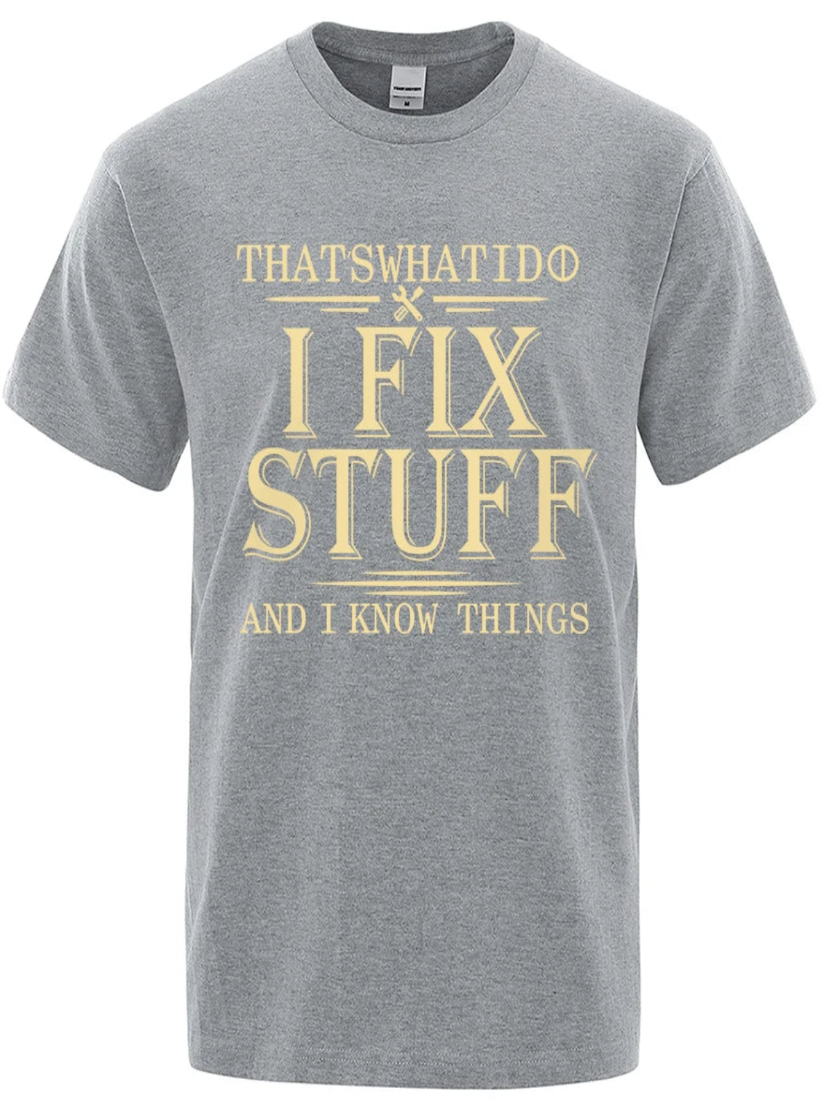 Gray t-shirt with yellow text on a white background