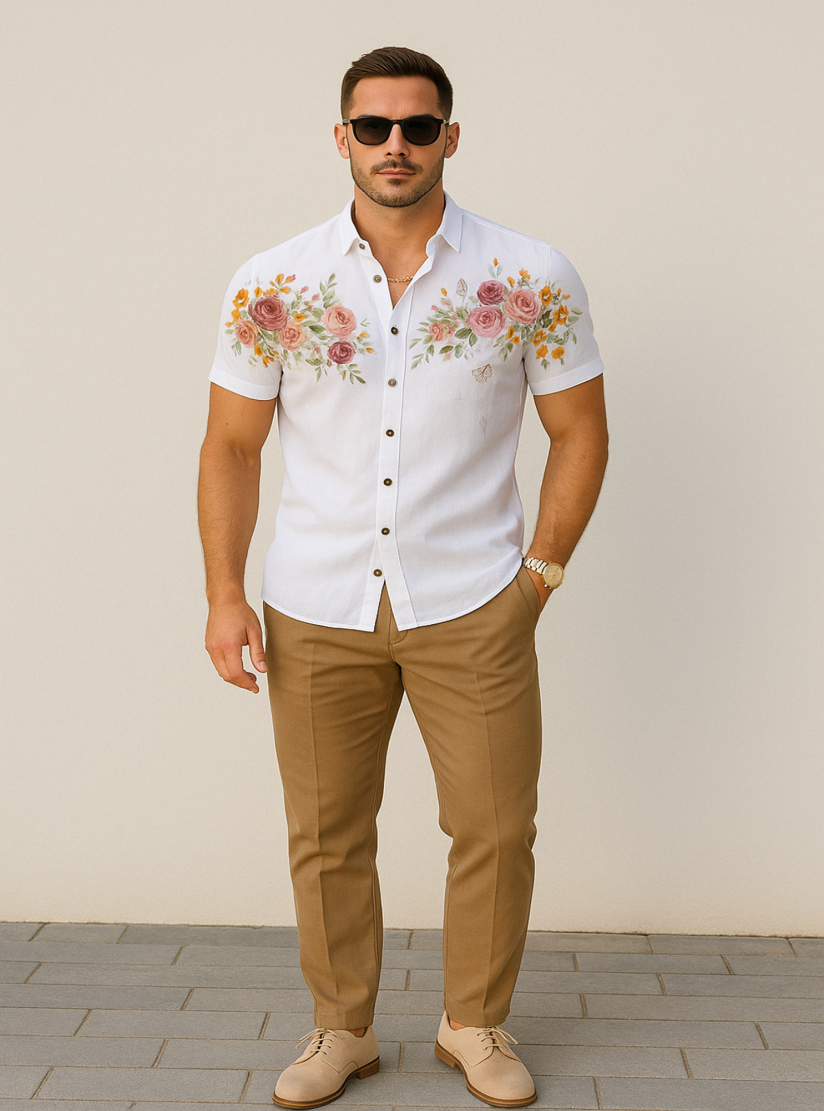 Man wearing a white floral shirt and beige pants against a plain background