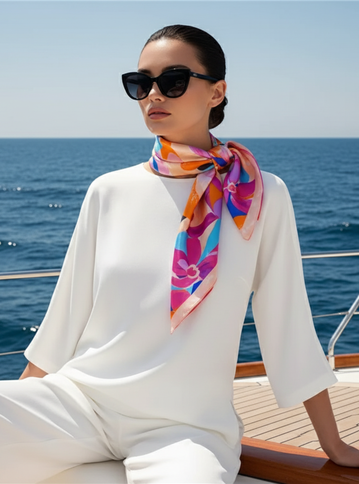 Woman wearing a colorful scarf and sunglasses on a boat with ocean in the background