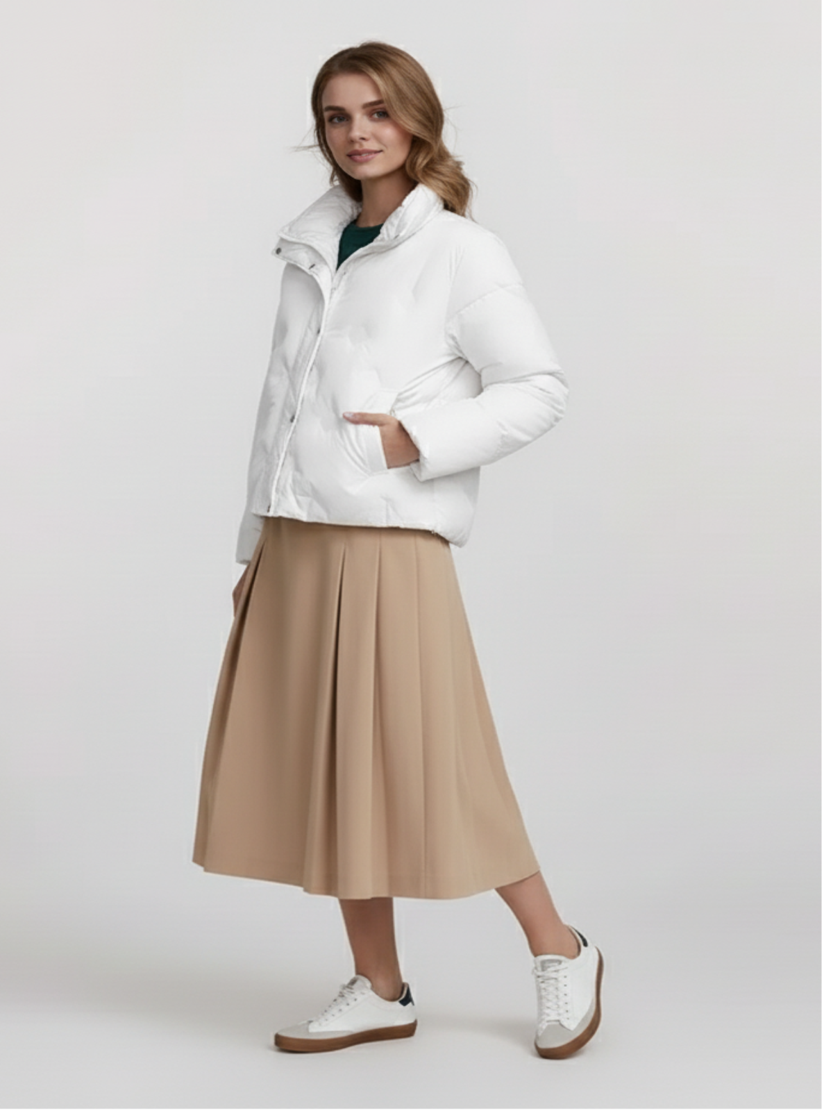 Woman wearing a white puffer jacket and beige skirt on a light gray background.