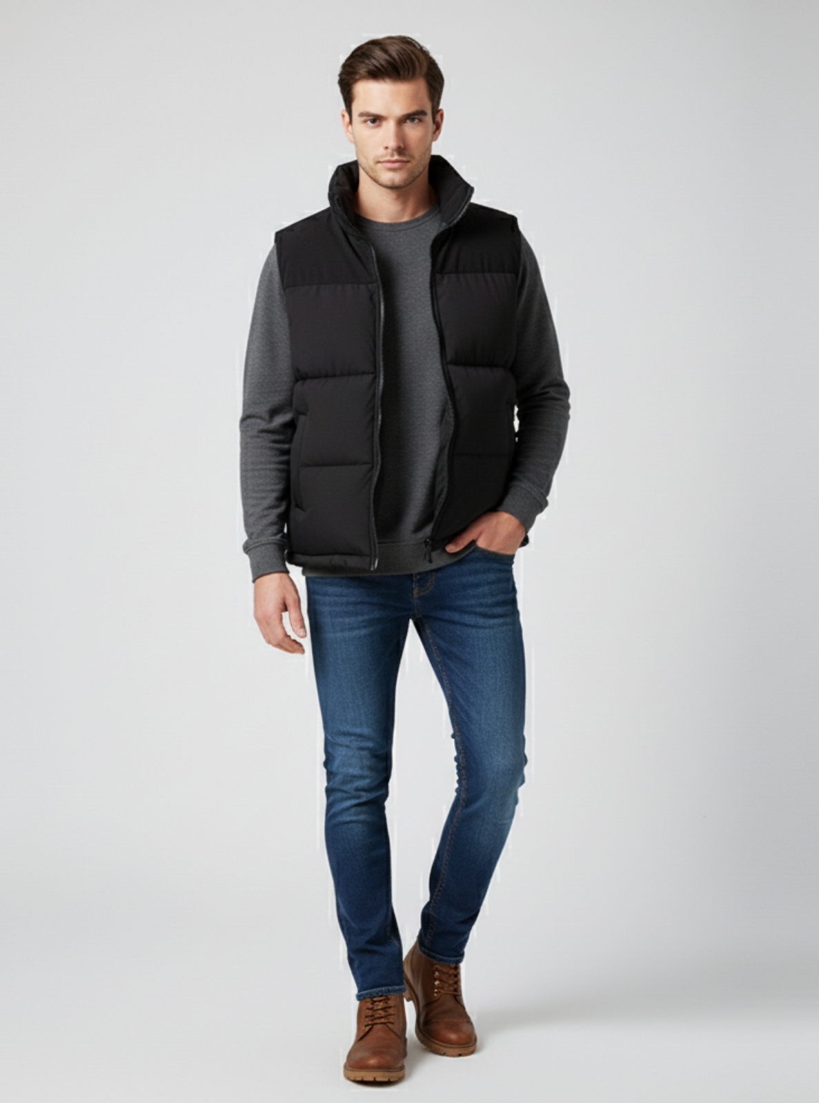 Man wearing a black and gray quilted jacket with blue jeans on a white background