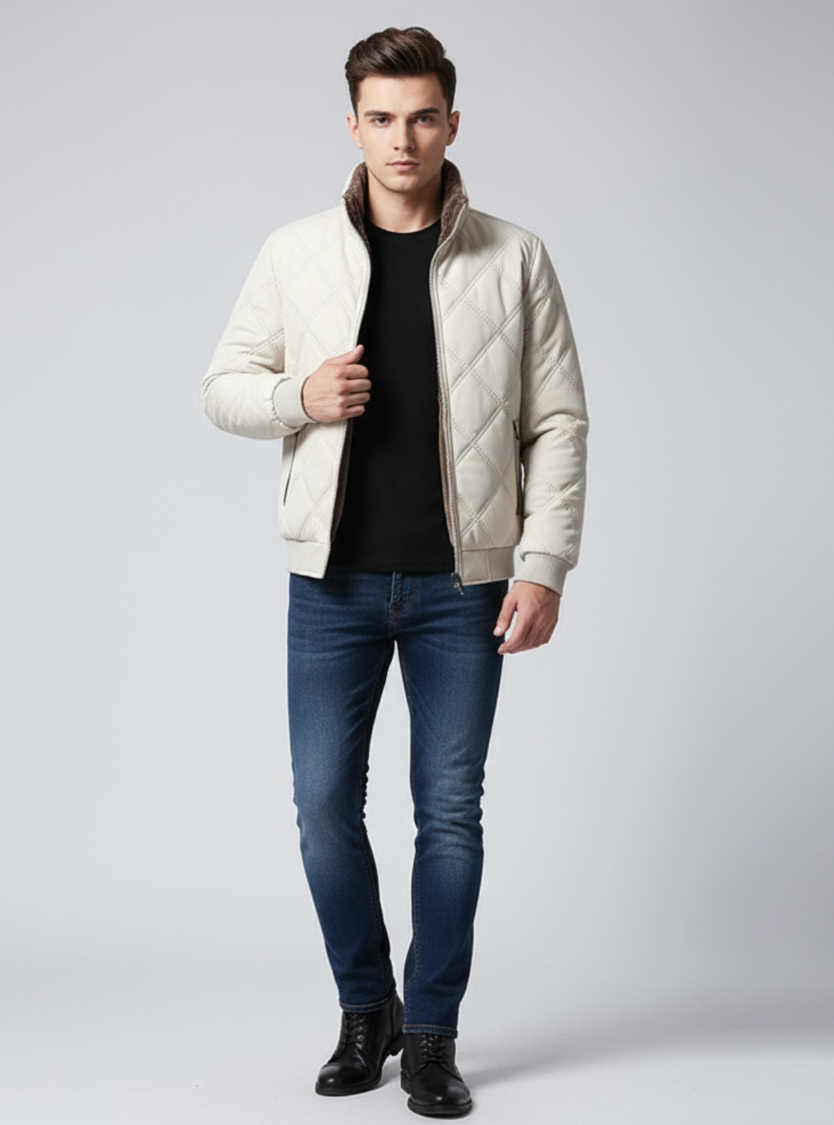 Man wearing a beige quilted jacket, black shirt, blue jeans, and black shoes on a light gray background
