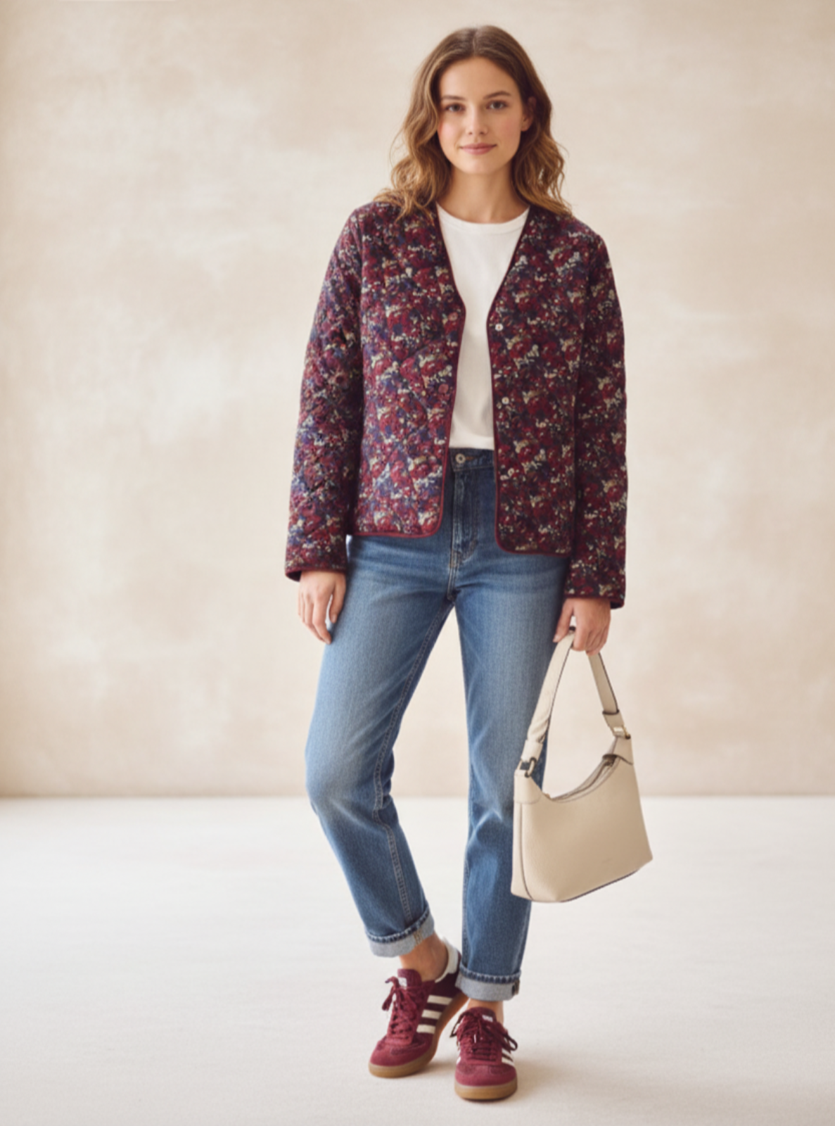 Woman wearing a floral jacket, white shirt, blue jeans, and red sneakers, holding a beige handbag against a plain background.