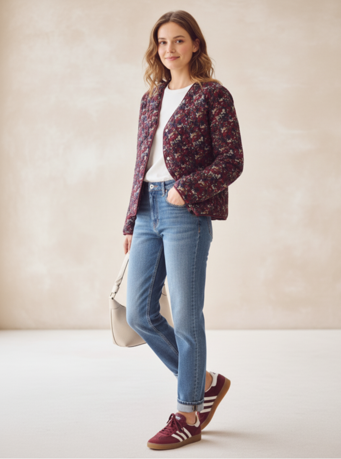 Woman wearing a floral blazer, white shirt, blue jeans, and Adidas shoes against a beige background