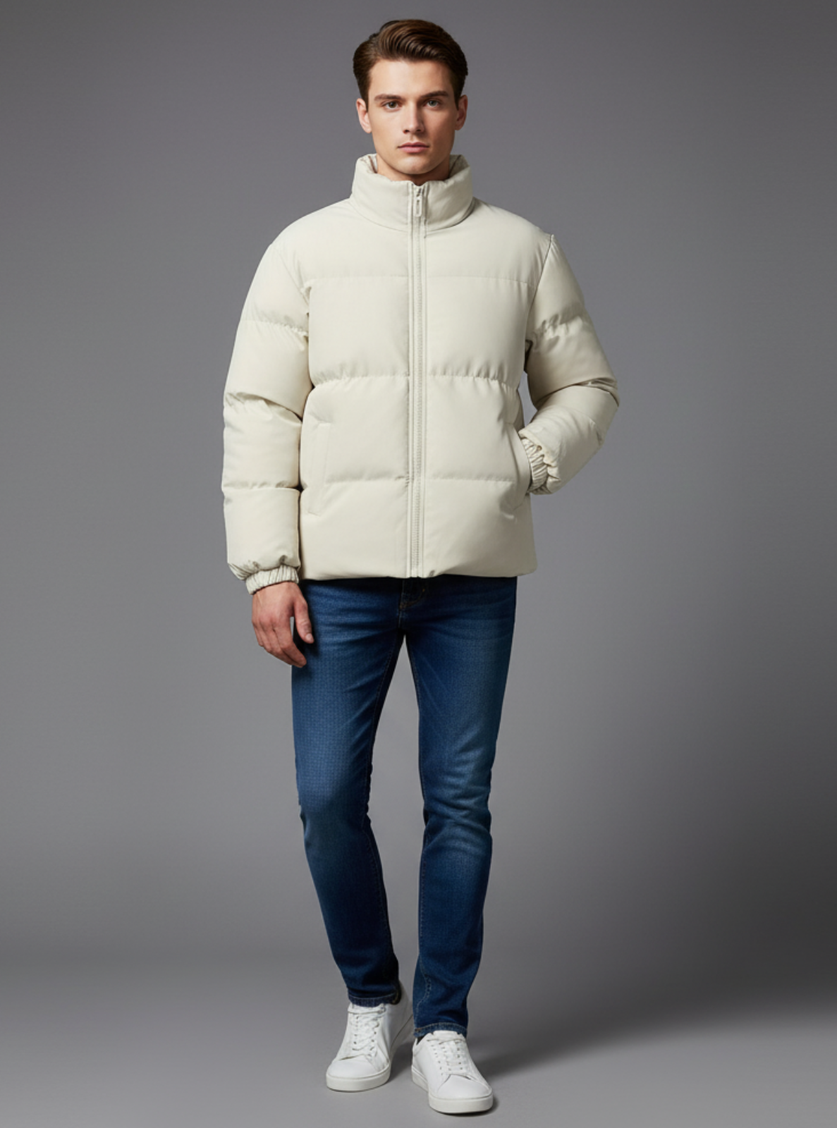 Man wearing a cream puffer jacket, blue jeans, and white sneakers on a gray background