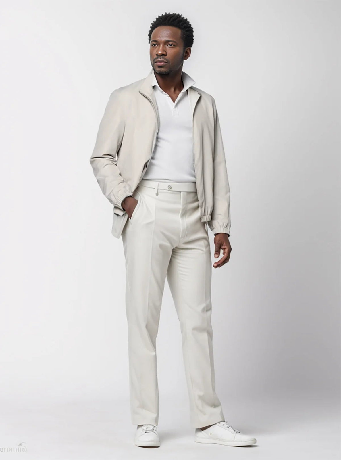 Man wearing a beige suit with a white shirt on a plain background