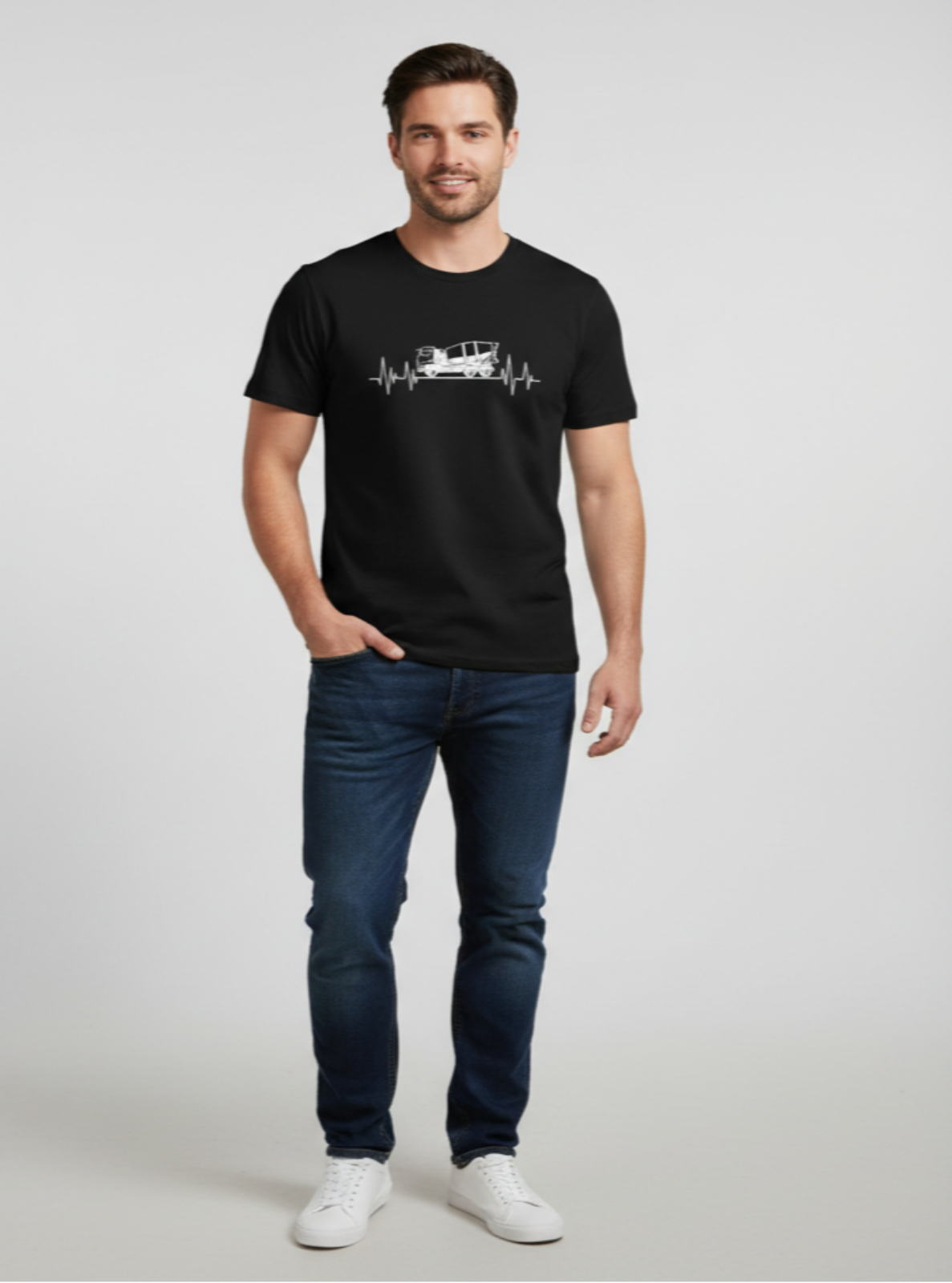 Man wearing a black t-shirt with a graphic design on a light gray background