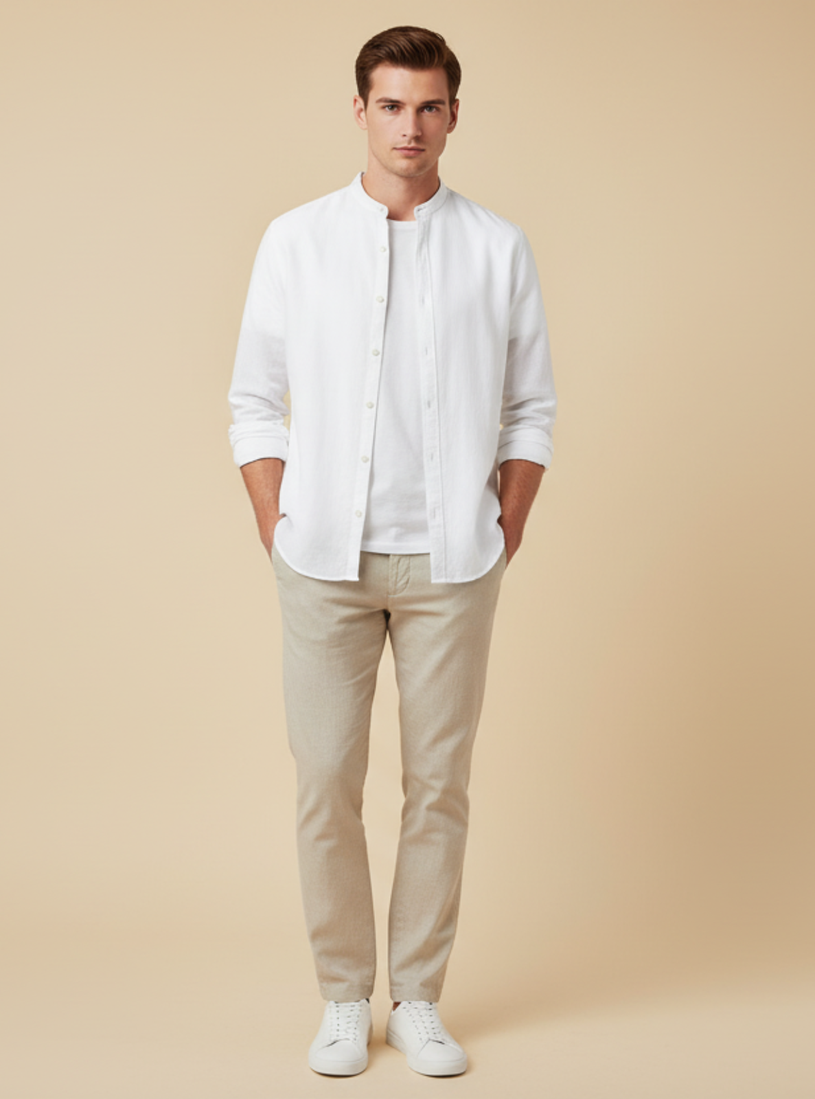 Man wearing a white linen shirt and beige pants against a beige background
