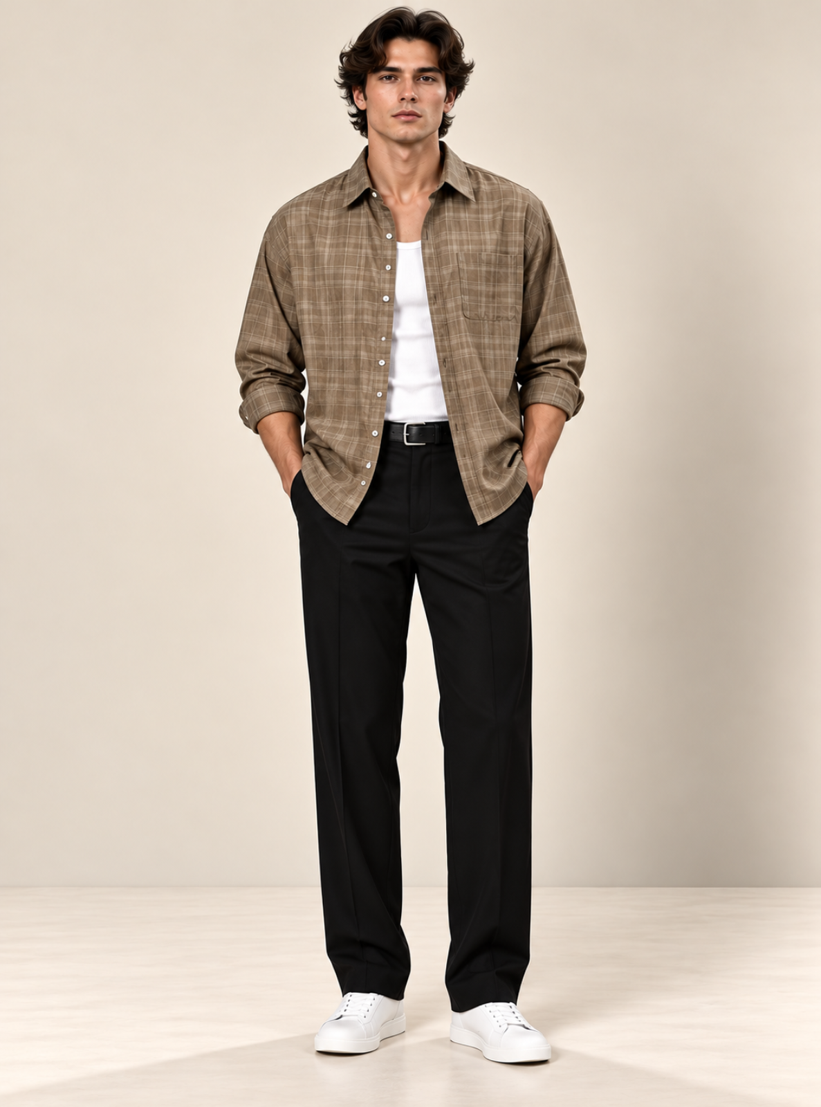 A man modeling a brown and beige plaid button-down shirt over a white t-shirt, paired with black trousers and white sneakers, standing against a neutral beige studio background.
