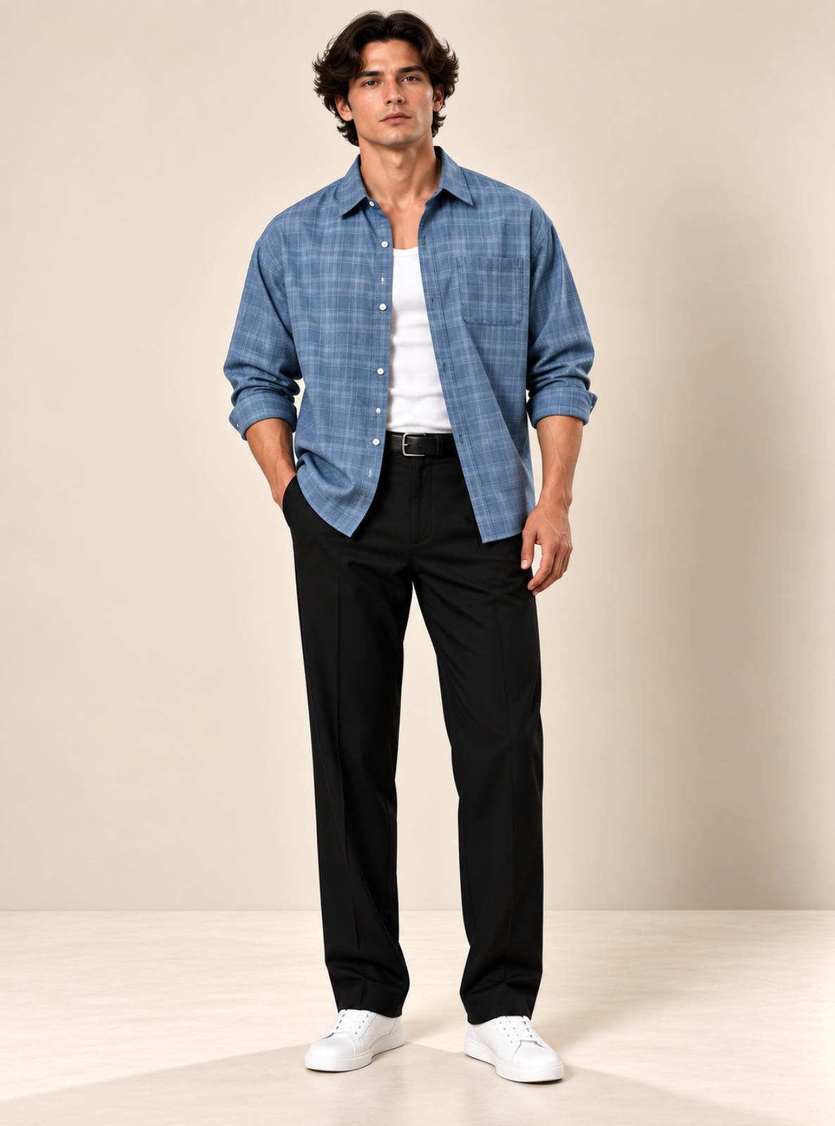 A man modeling a blue plaid button-down shirt over a white t-shirt, paired with black trousers and white sneakers, standing against a neutral beige studio backdrop.