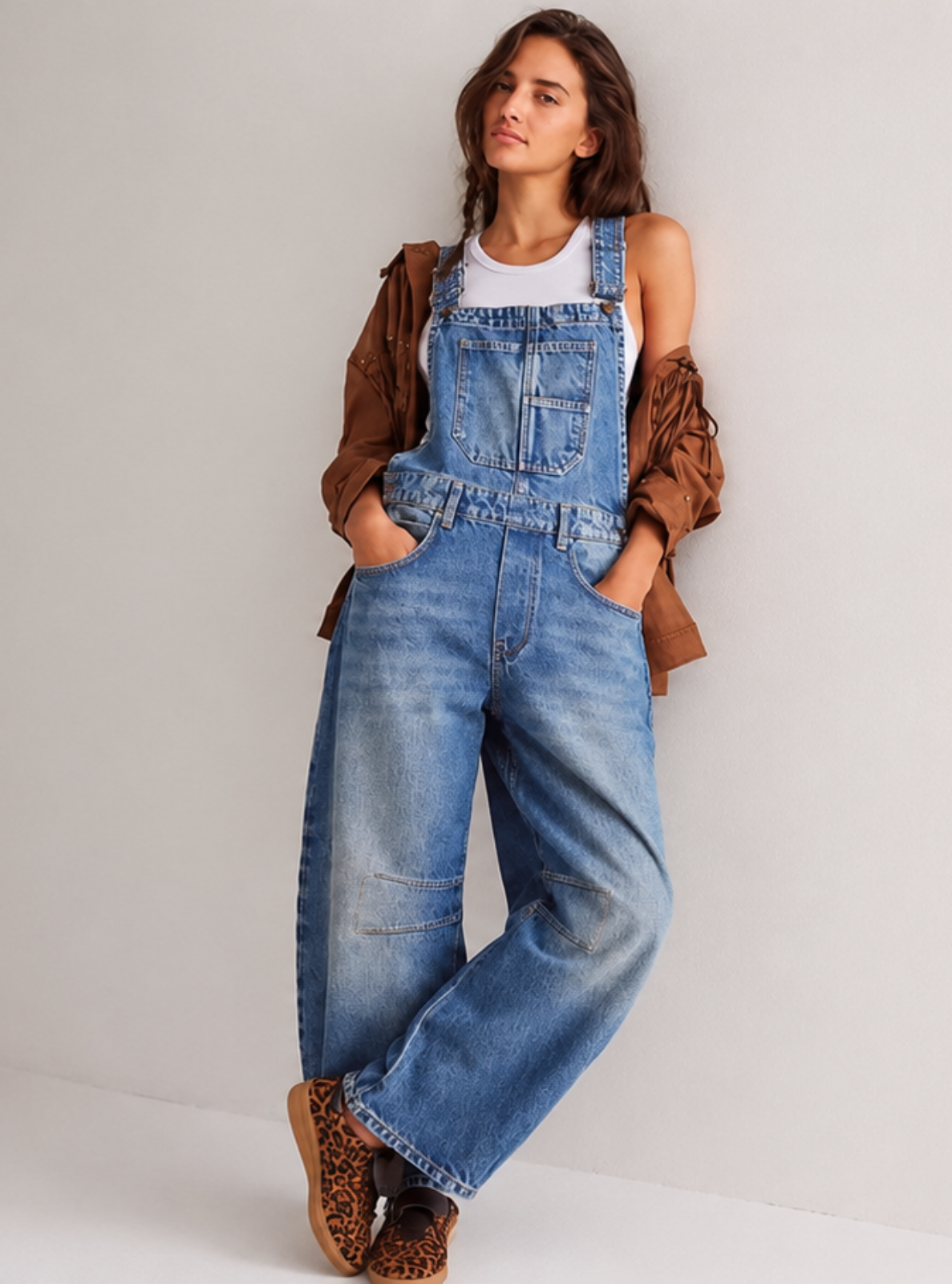 A woman modeling a pair of wide-leg light blue denim overalls, styled with a white tank top, a brown jacket draped off her shoulders, and brown patterned shoes, standing in a minimalist white studio corner.