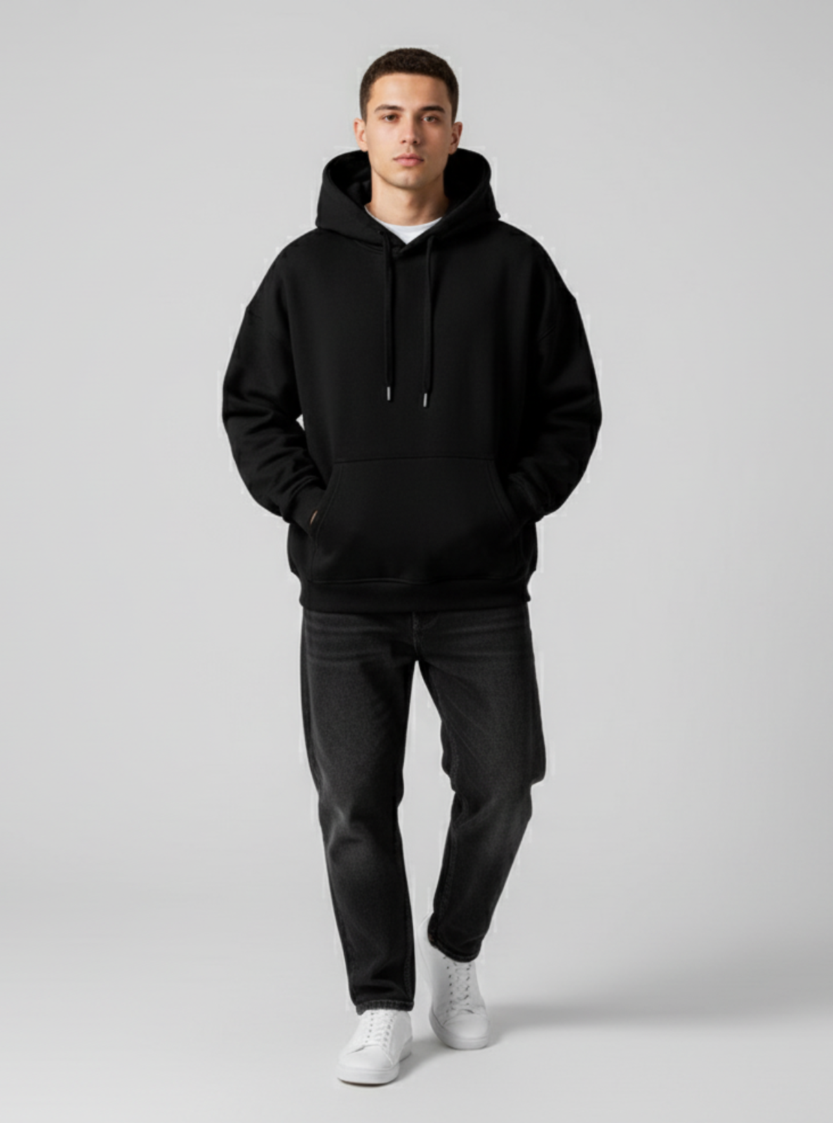 Man wearing a black hoodie, dark pants, and white sneakers on a light gray background