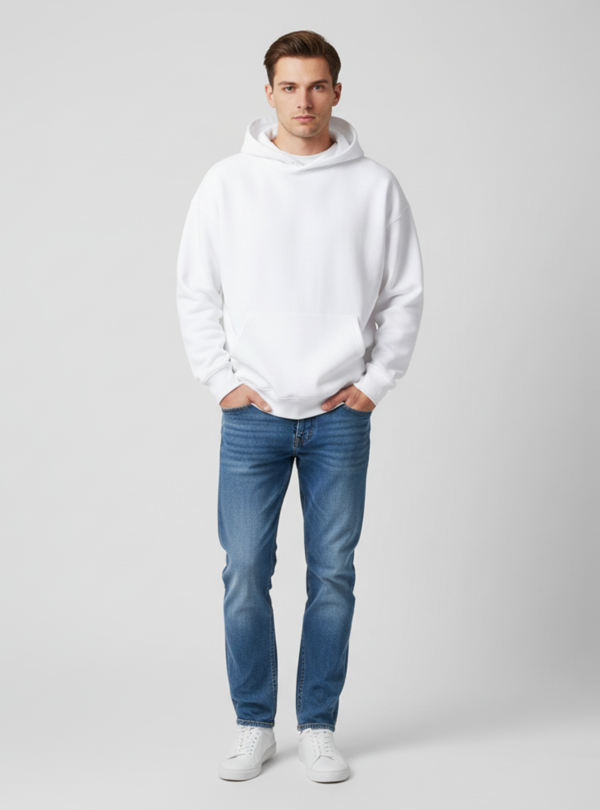 Man wearing a white hoodie and blue jeans on a gray background
