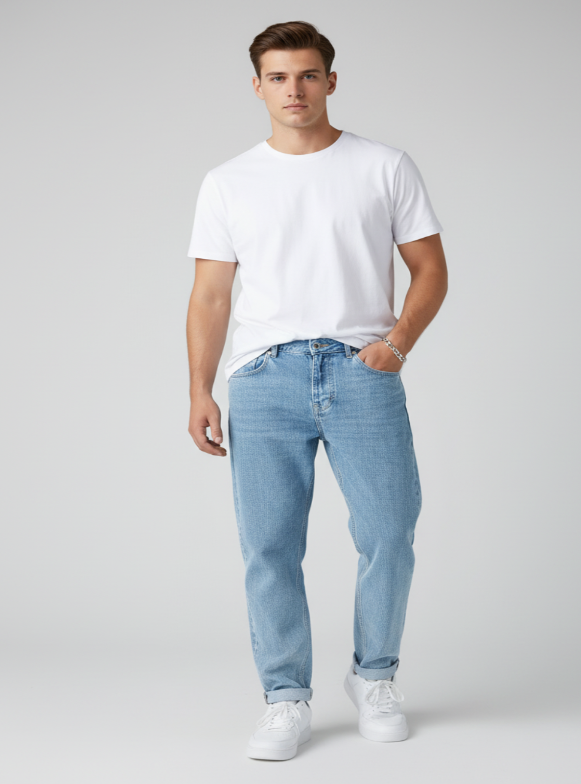 Man wearing a white t-shirt and light blue jeans on a gray background
