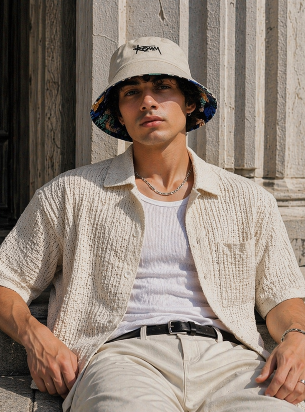 Man wearing a beige bucket hat and light-colored outfit sitting against stone columns.