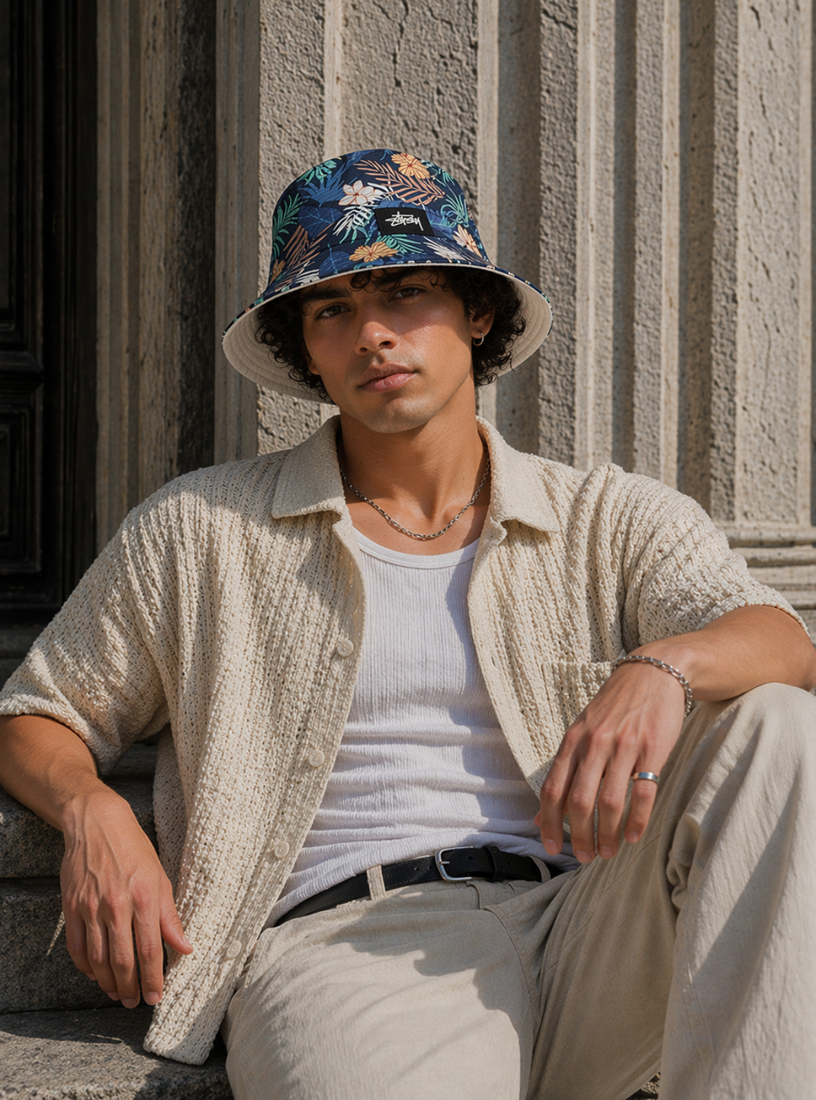 Man wearing a floral bucket hat sitting on steps with stone columns in the background