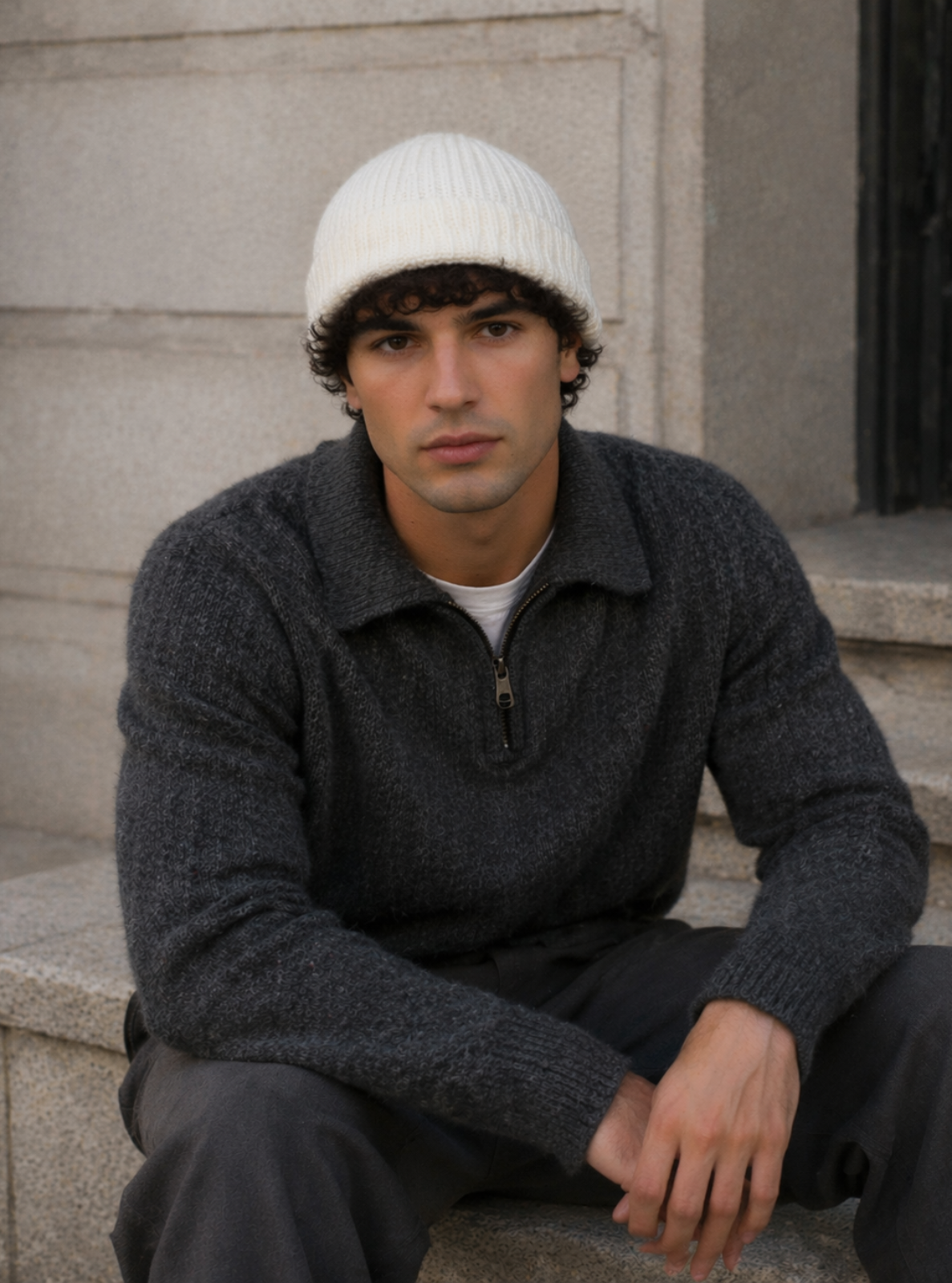 Man wearing a white knit beanie and dark sweater sitting on stone steps.
