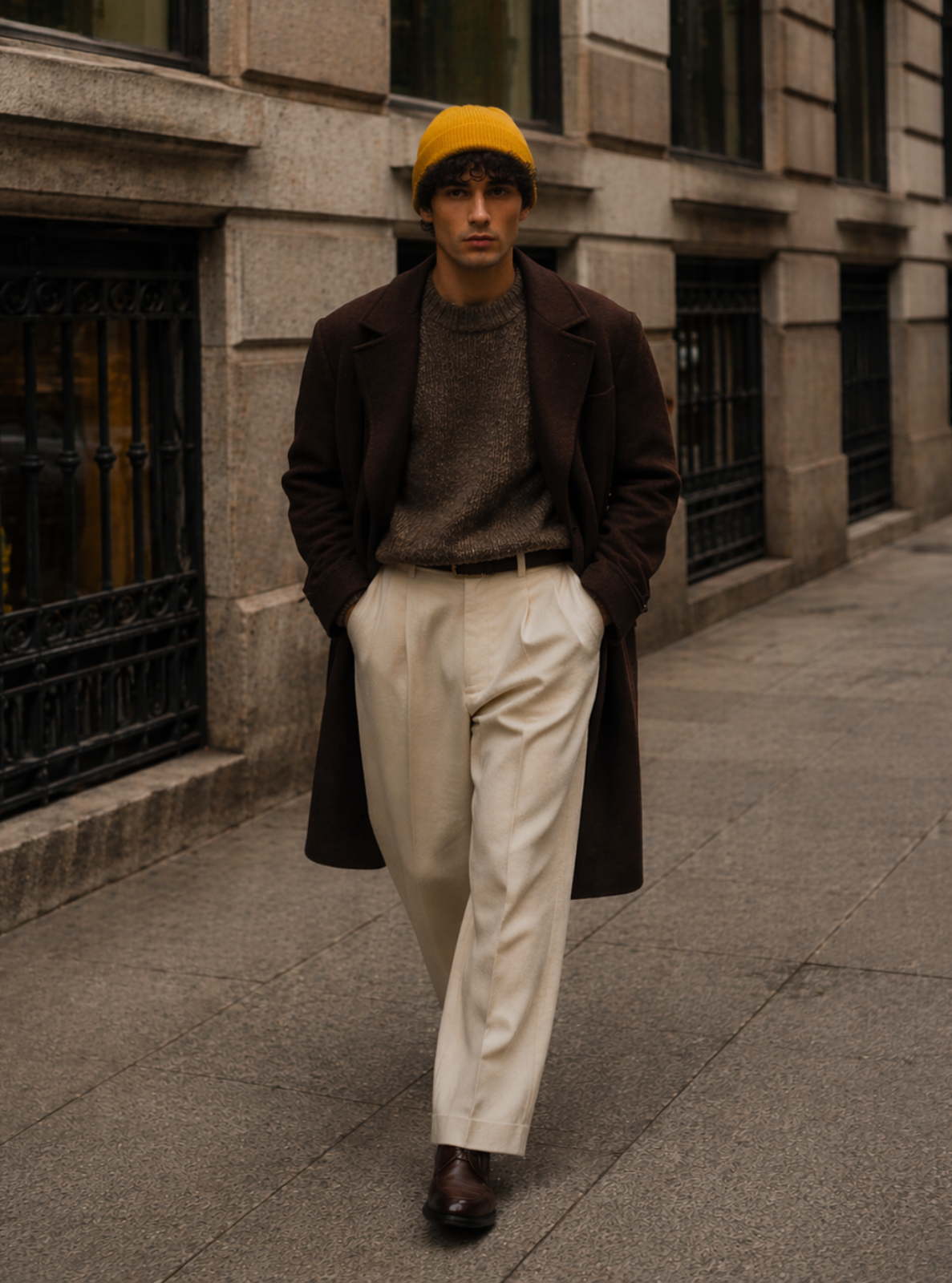 Man wearing a brown coat, gray sweater, beige pants, and yellow beanie standing on a city street.