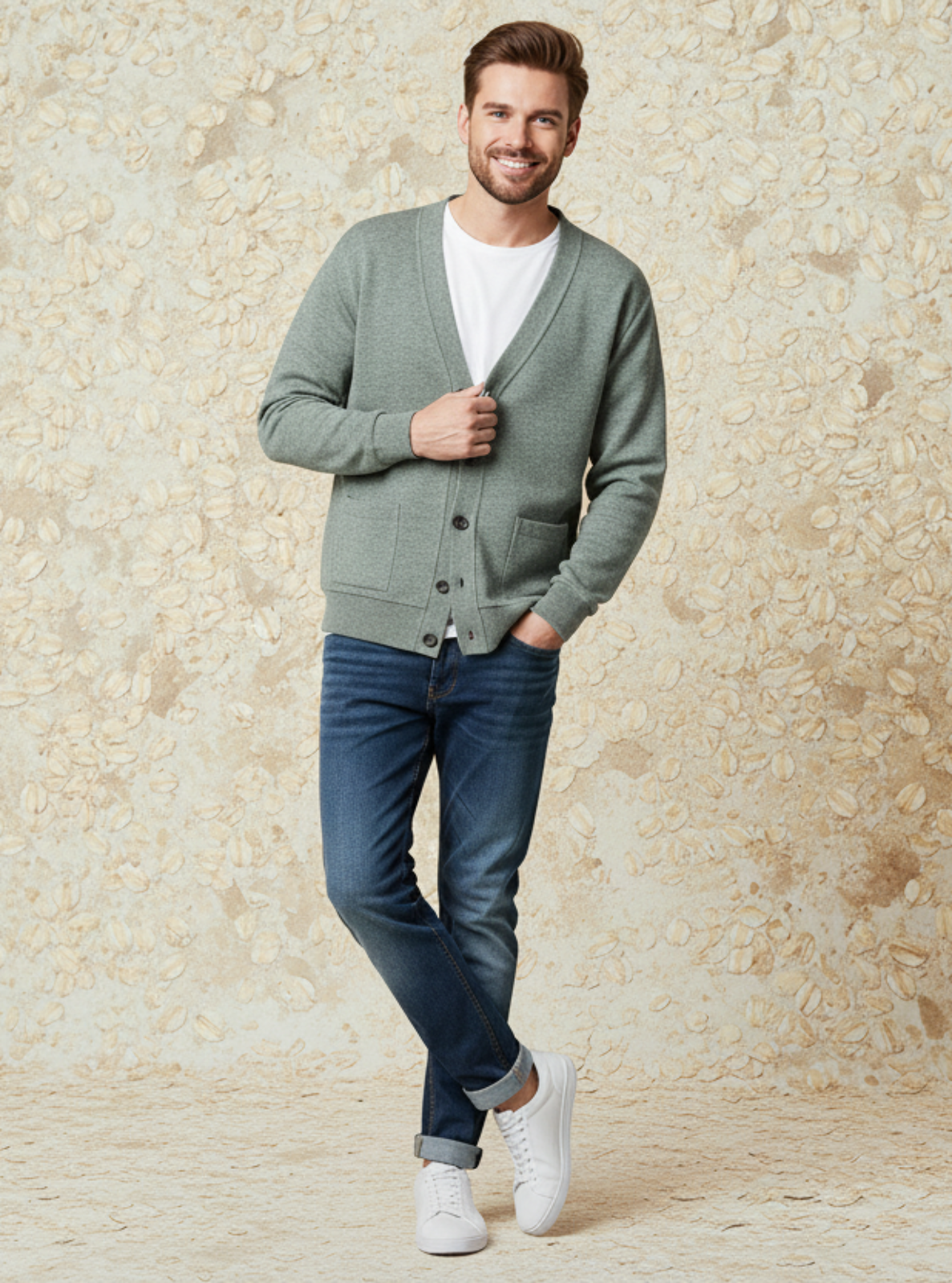 Man wearing a green cardigan, white shirt, blue jeans, and white sneakers against a textured beige wall.