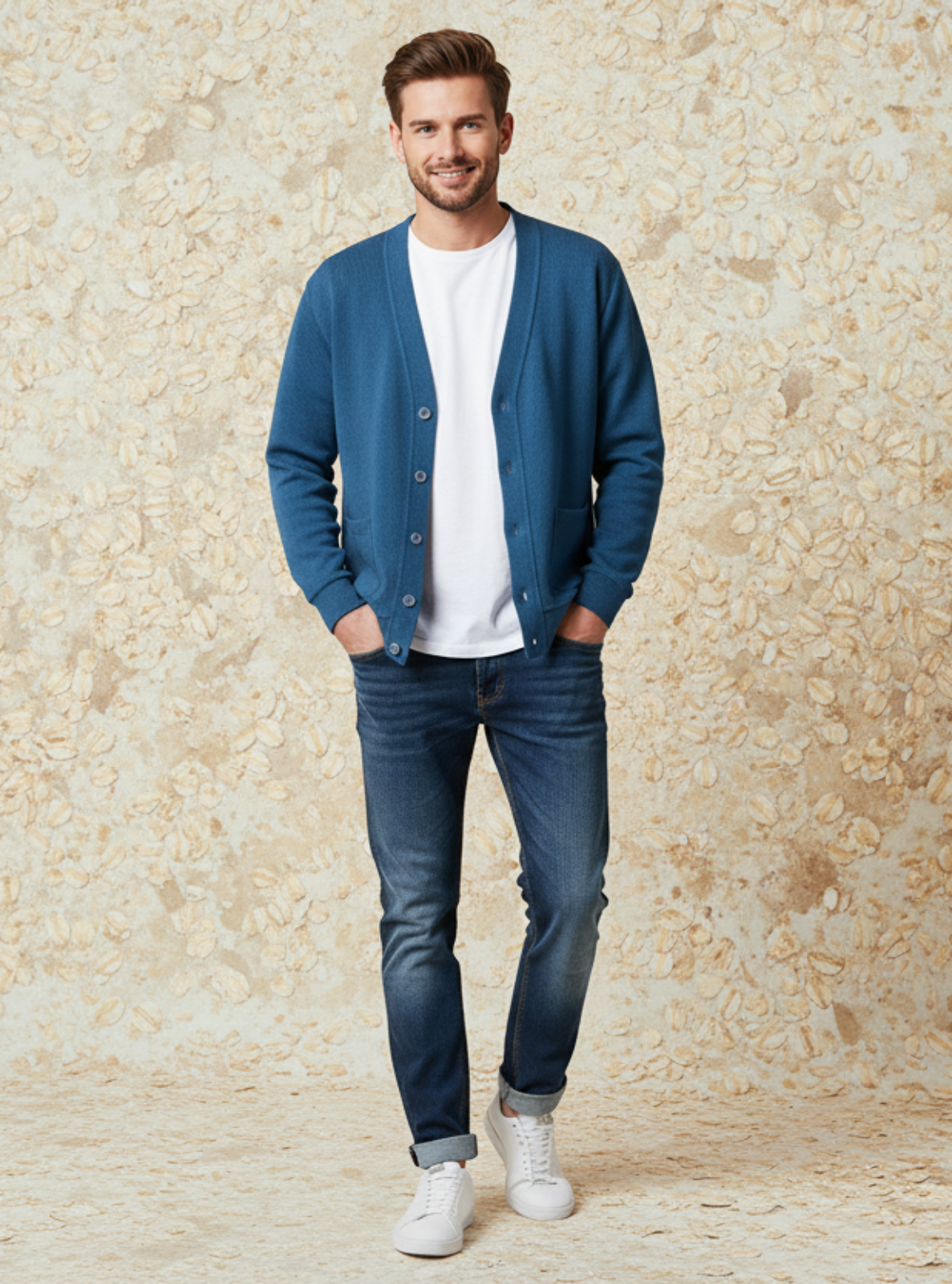 Man wearing a blue cardigan, white shirt, and jeans standing against a textured beige wall.