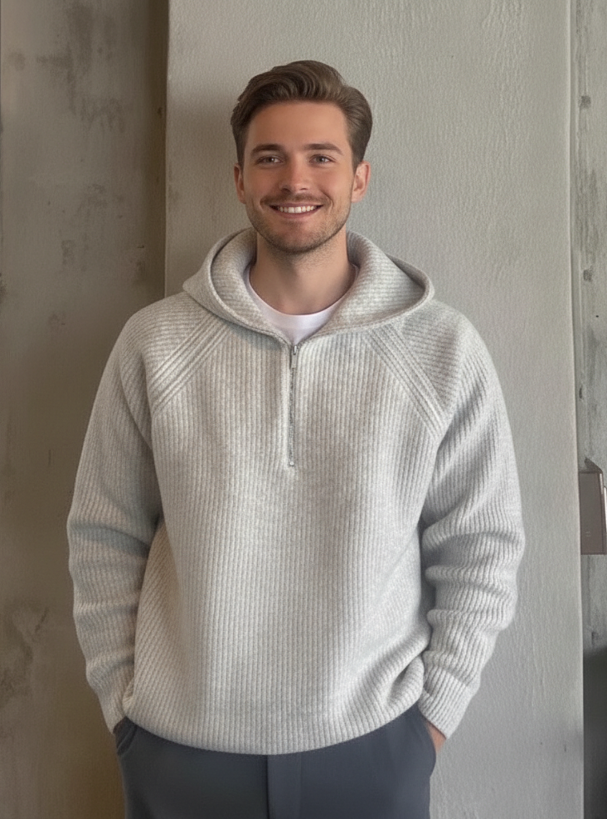 Man wearing a light gray hoodie standing indoors against a neutral wall.