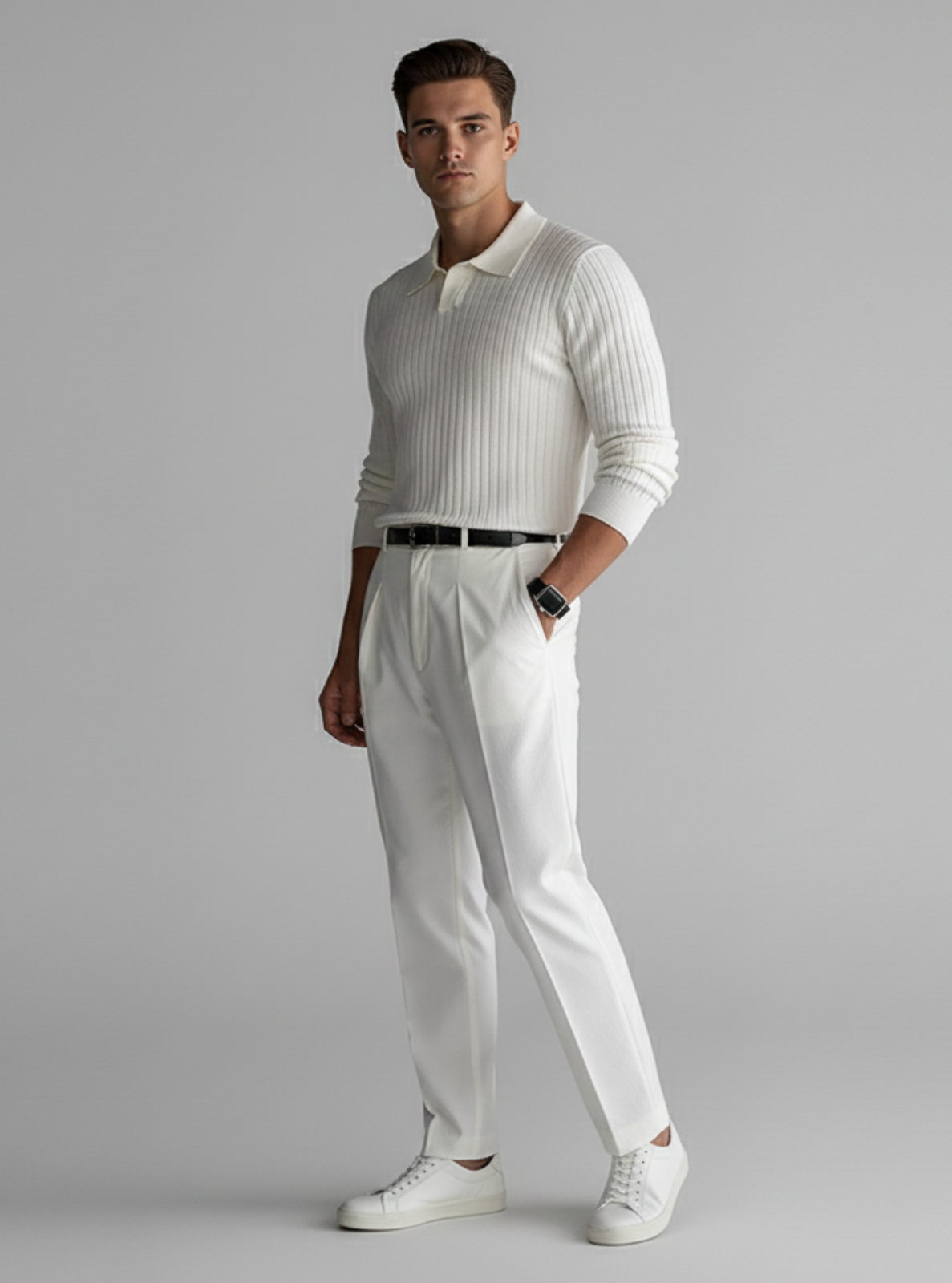 Man wearing a white sweater and pants with a gray background