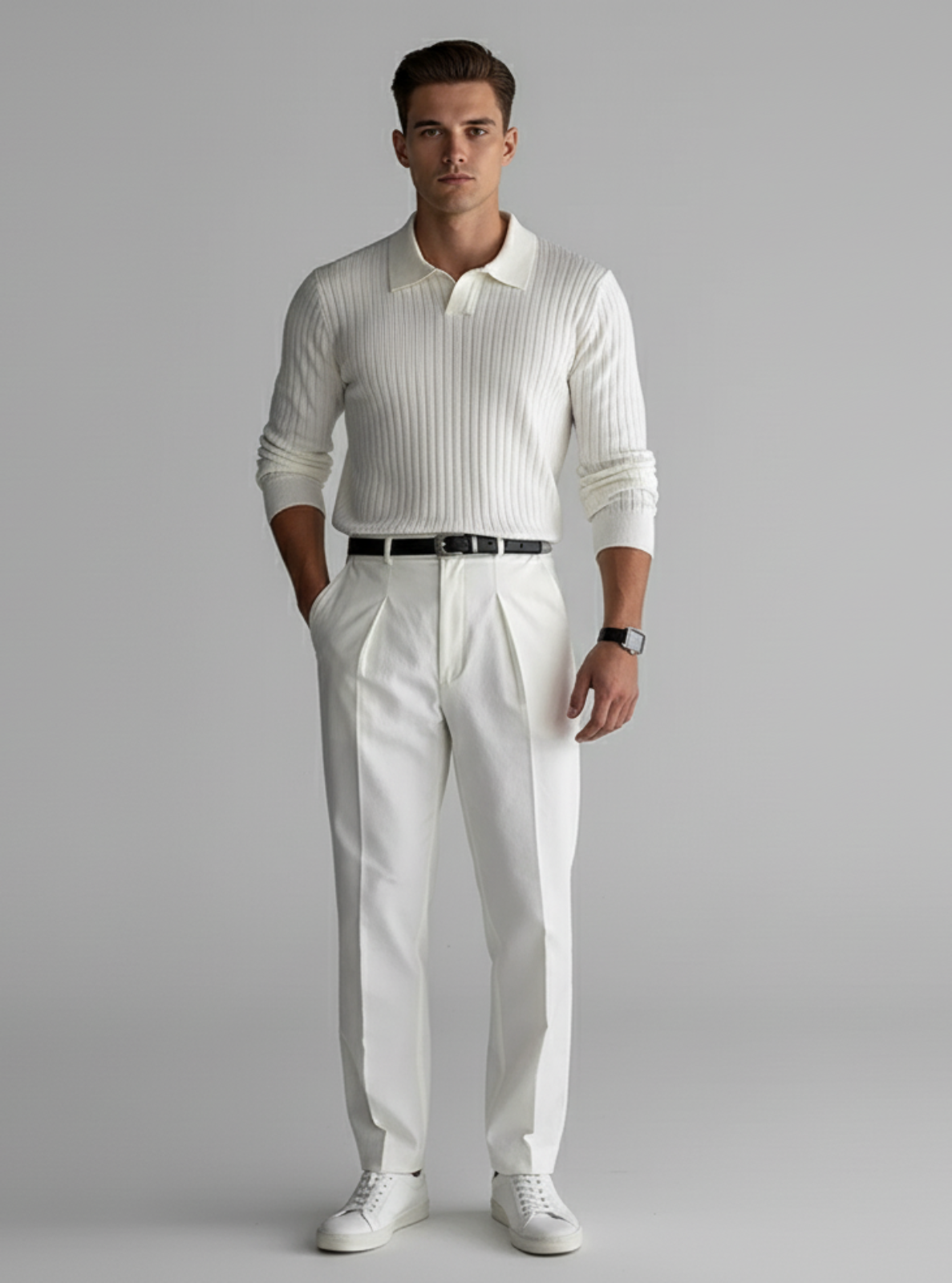 Man wearing a white ribbed sweater and pants on a gray background