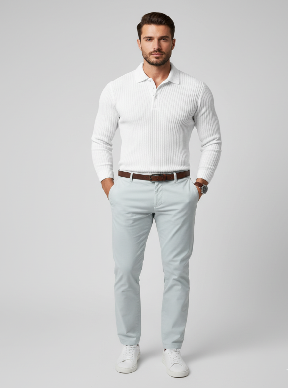 Man wearing a white ribbed sweater and light gray pants on a gray background