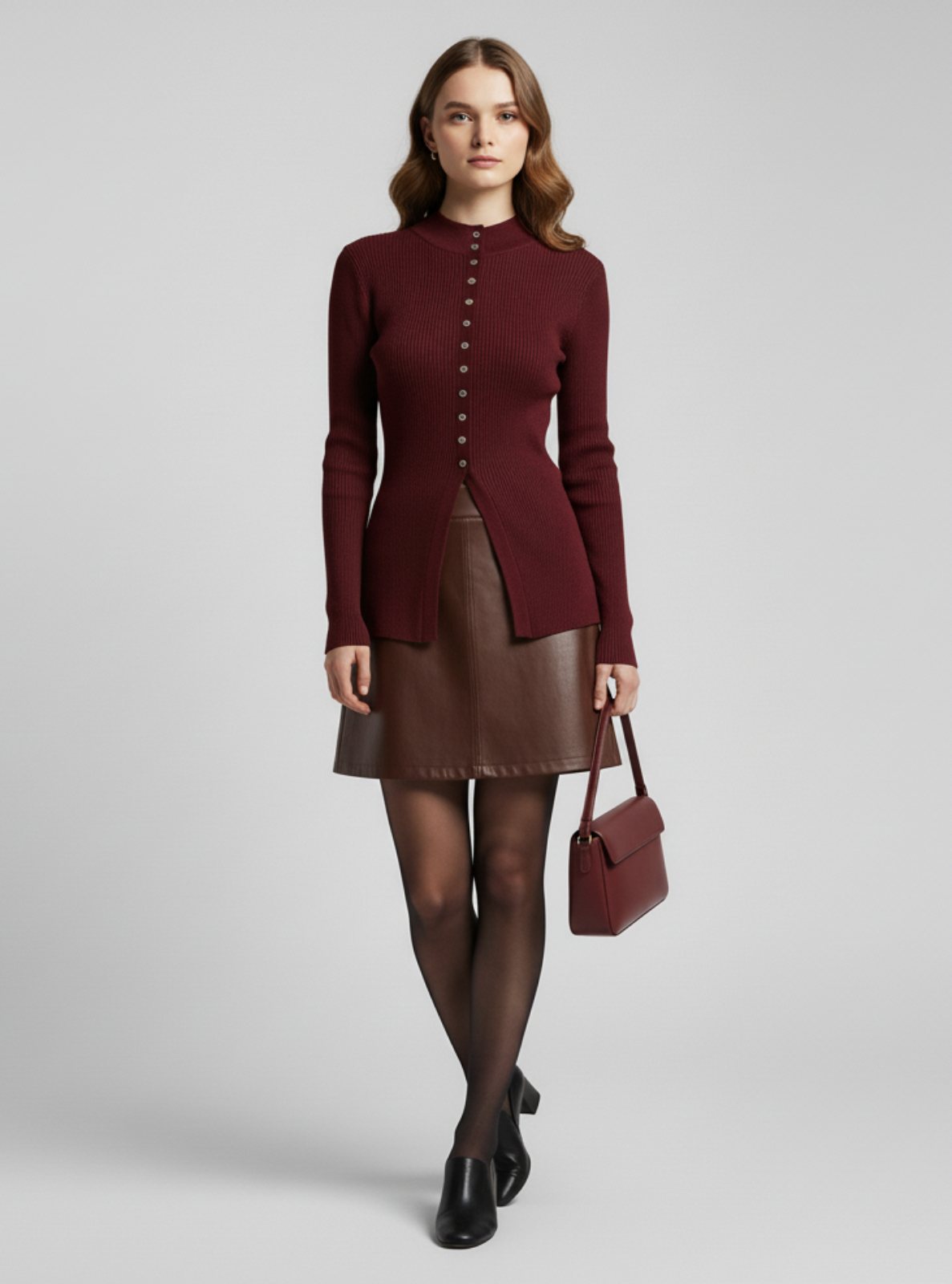 Woman wearing a burgundy sweater and brown skirt with a matching handbag on a light gray background